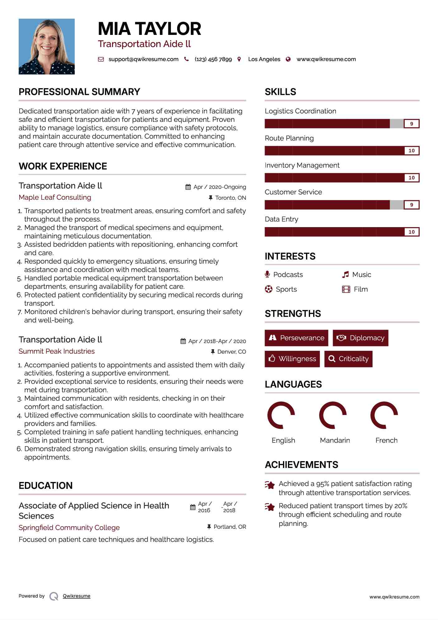 Transportation Aide ll Resume Sample