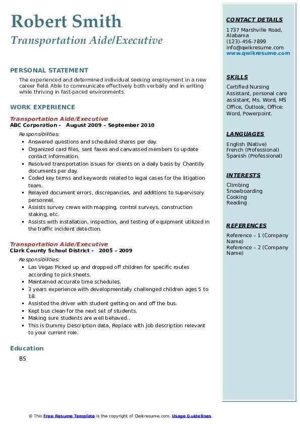 Transportation Aide Resume Samples QwikResume