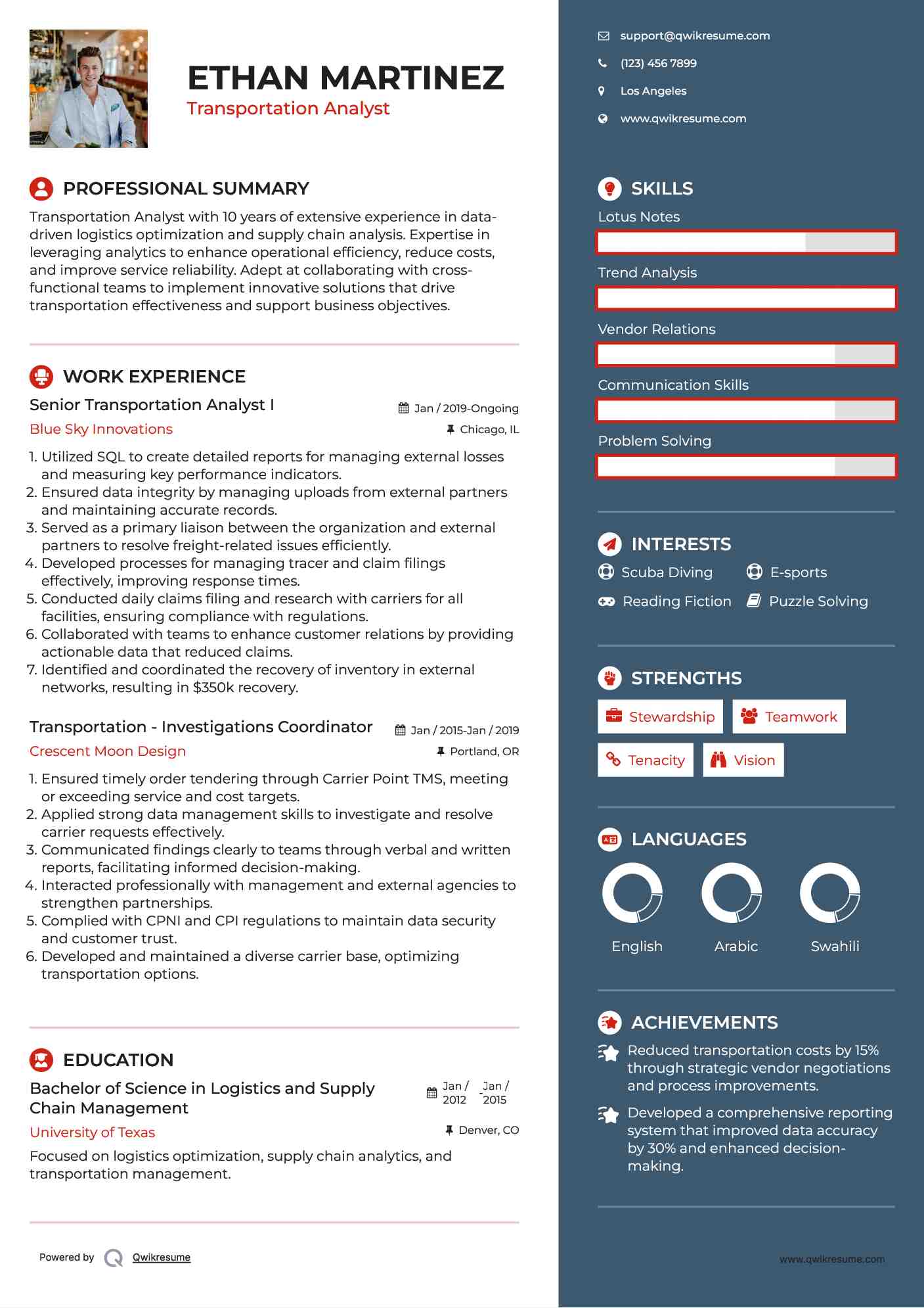 Senior Transportation Analyst I Resume Format