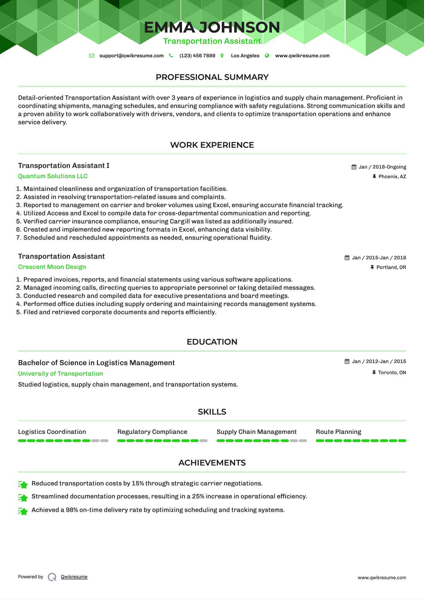 Transportation Assistant I Resume Example