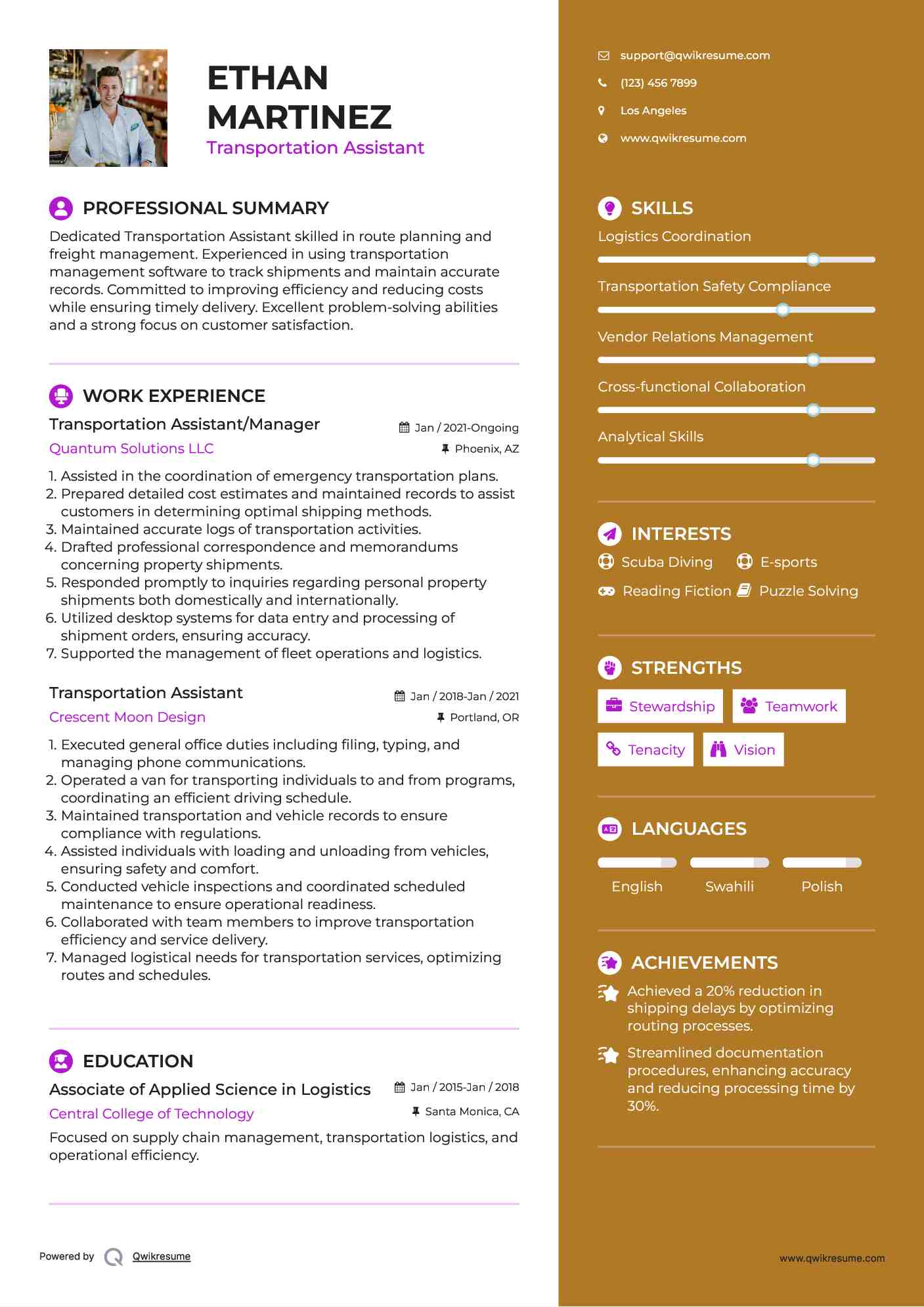 Transportation Assistant/Manager Resume Sample