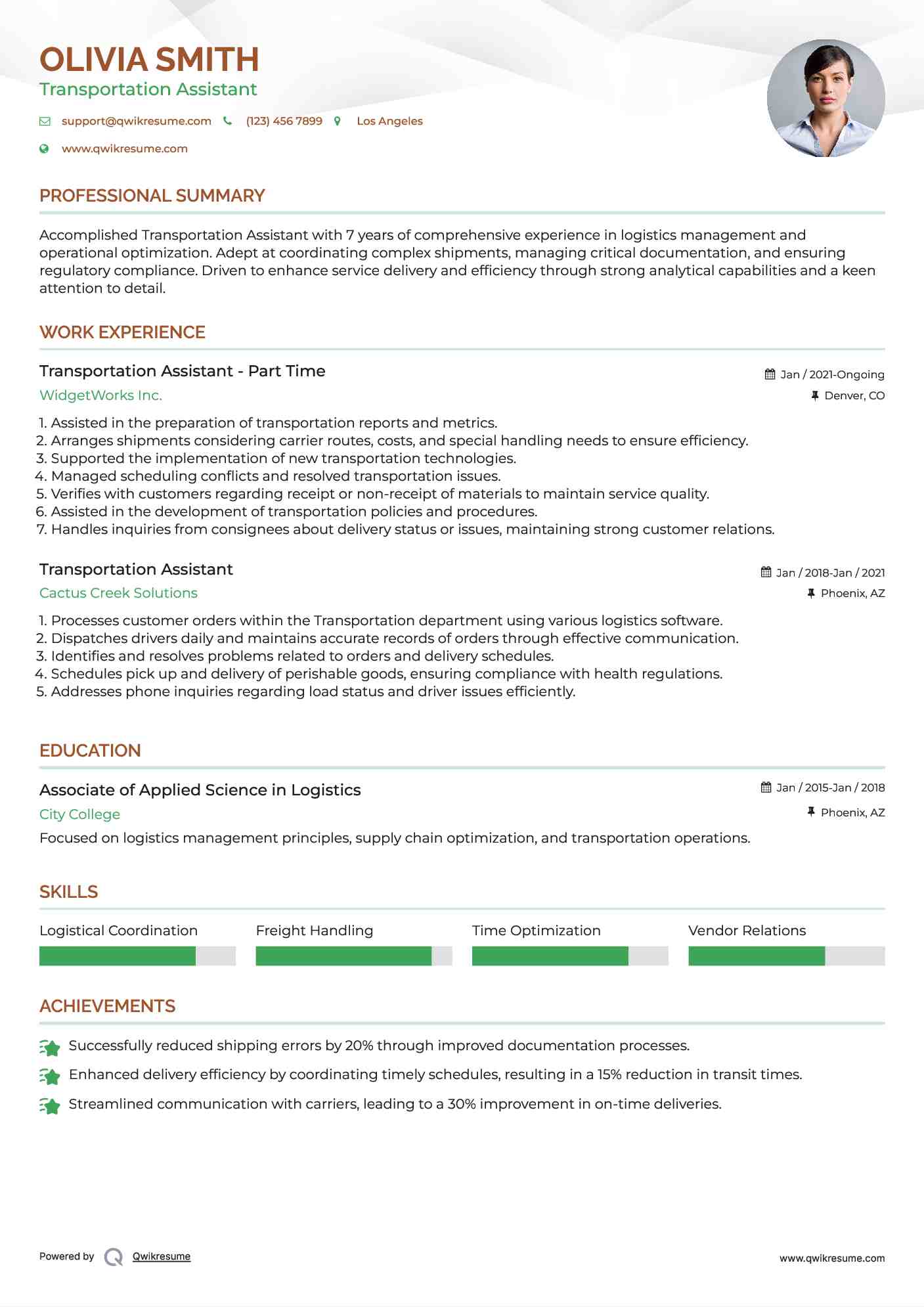 Transportation Assistant - Part Time Resume Example