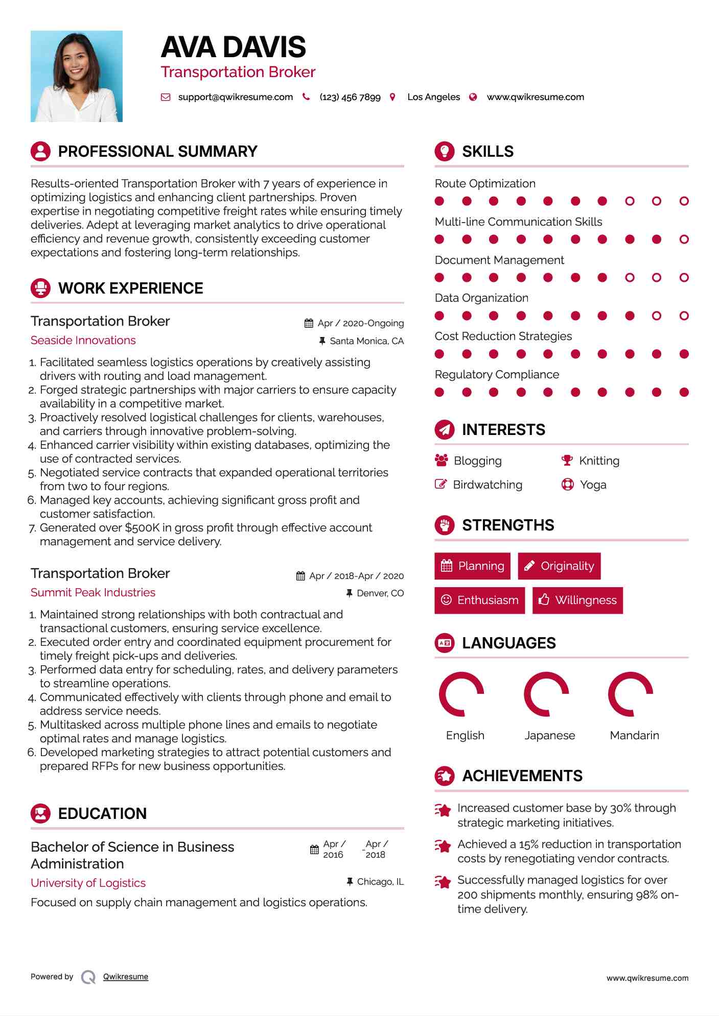 Transportation Broker Resume Template