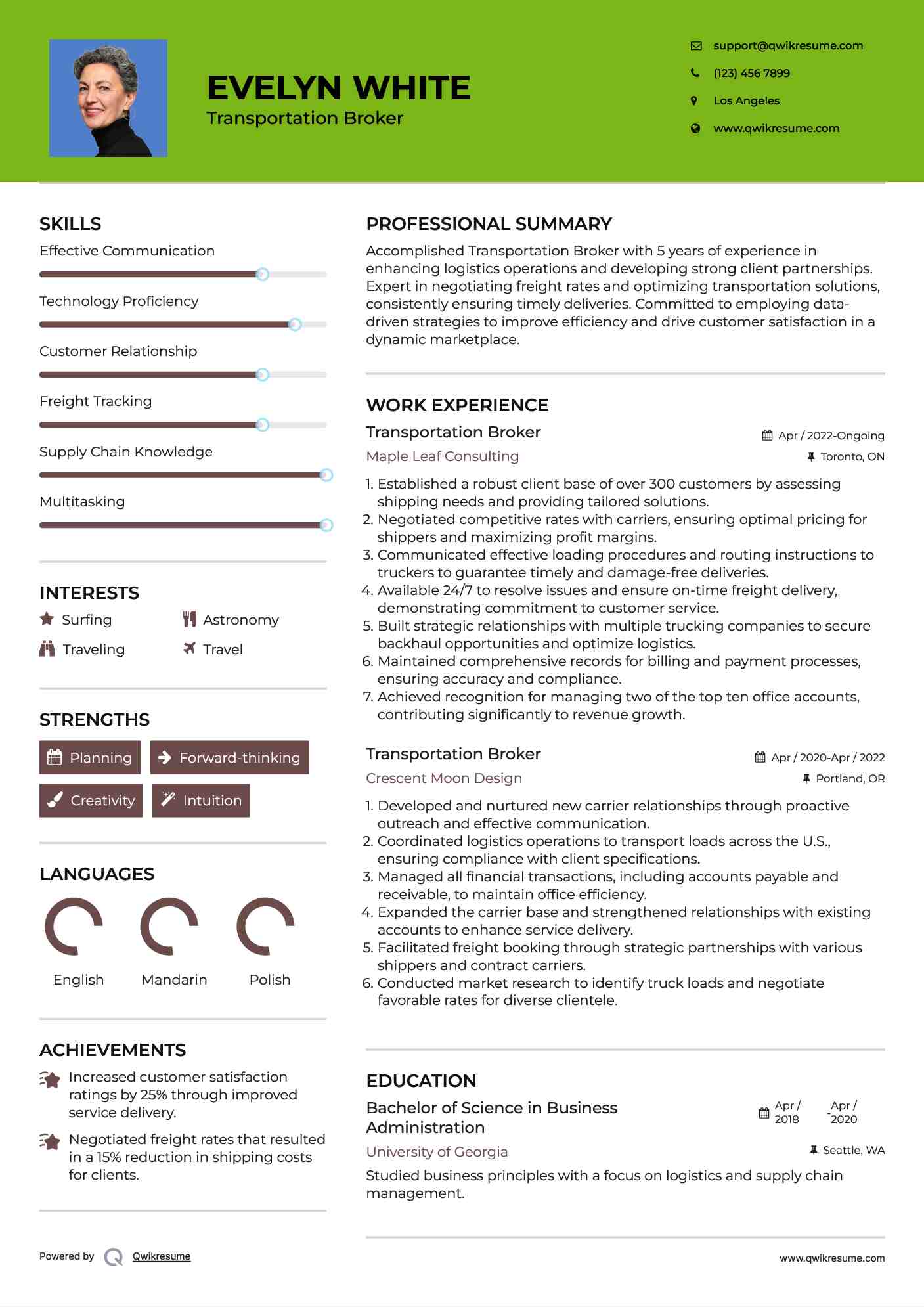 Transportation Broker Resume Format