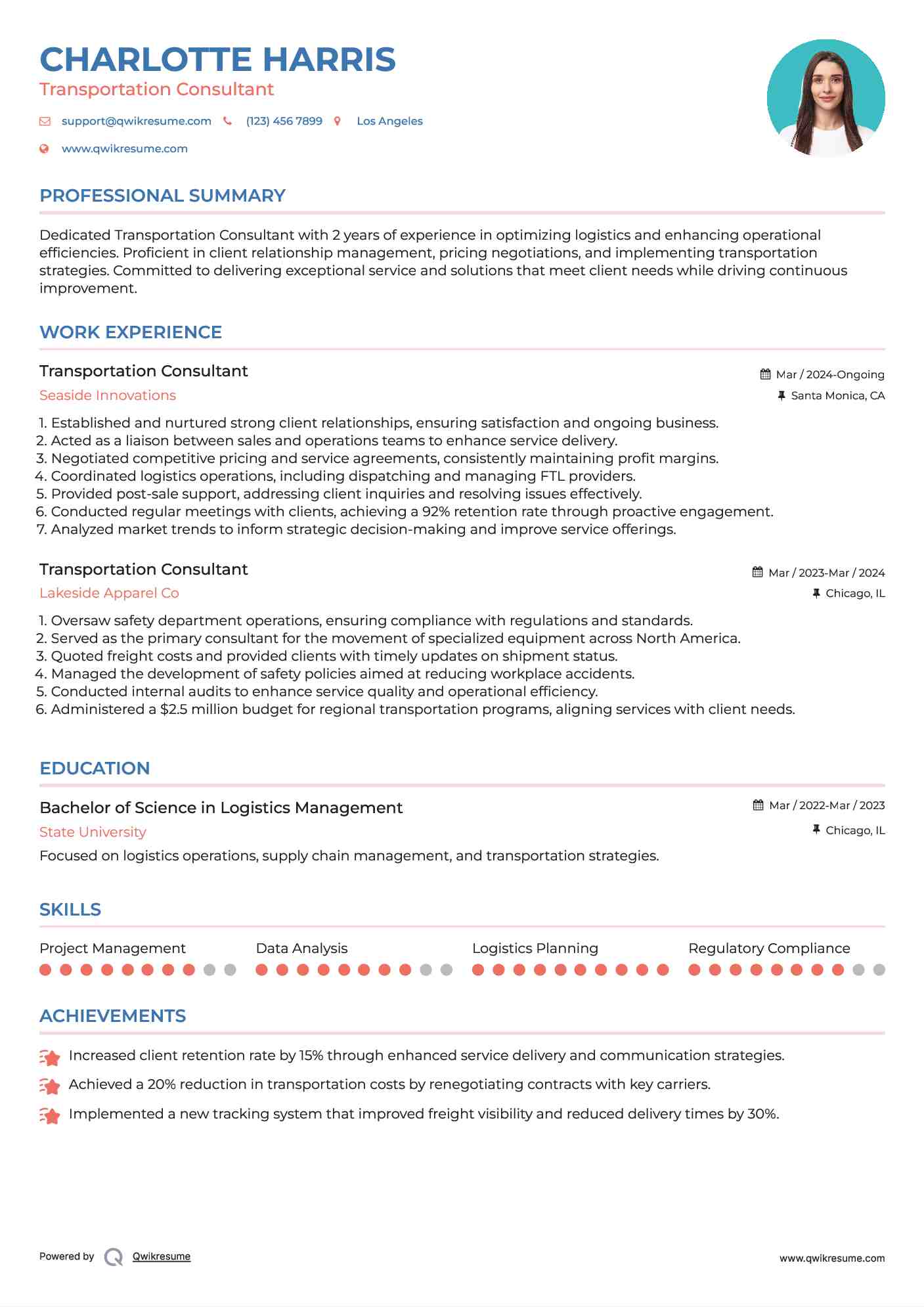 Transportation Consultant Resume Example