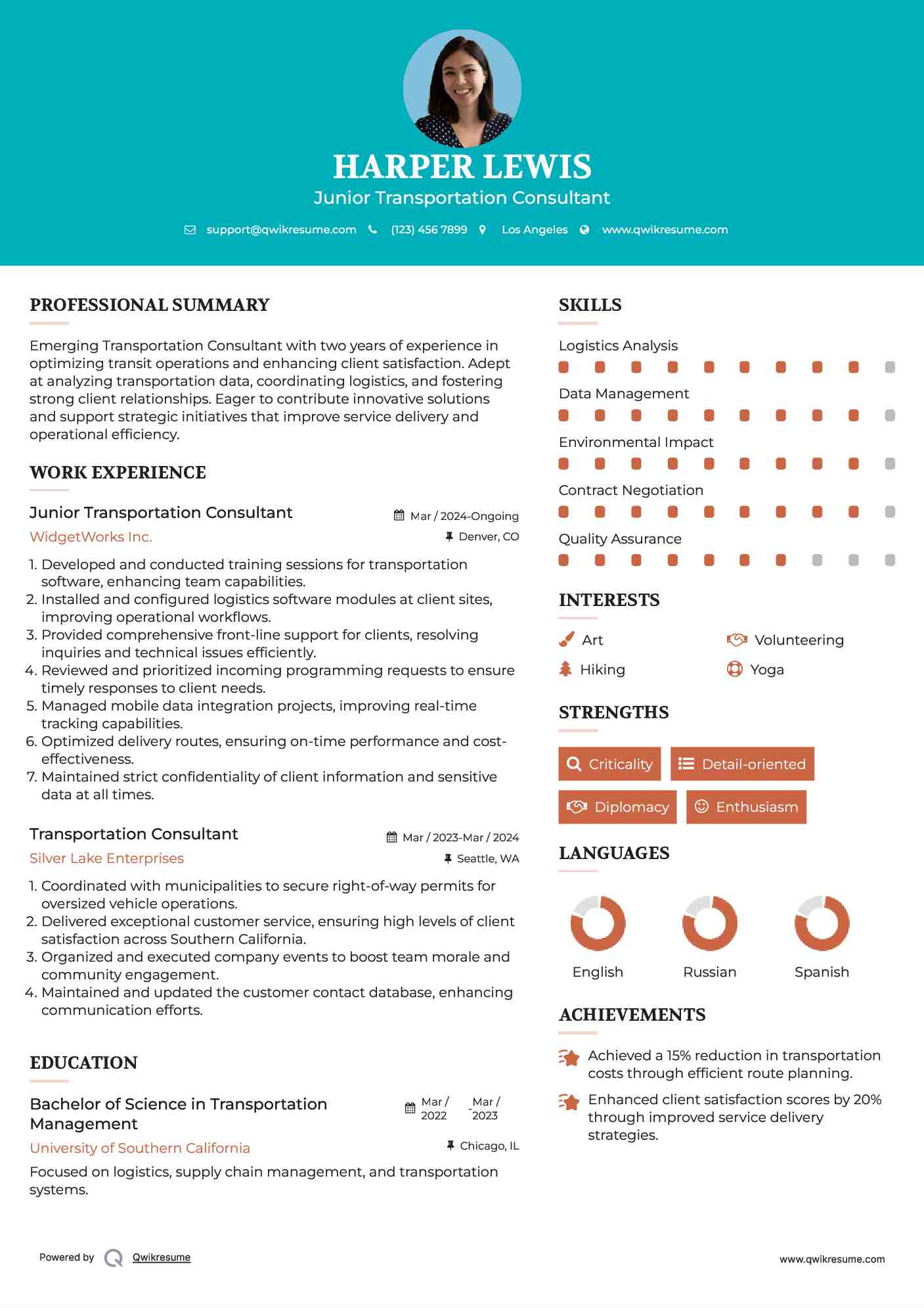 Junior Transportation Consultant Resume Model