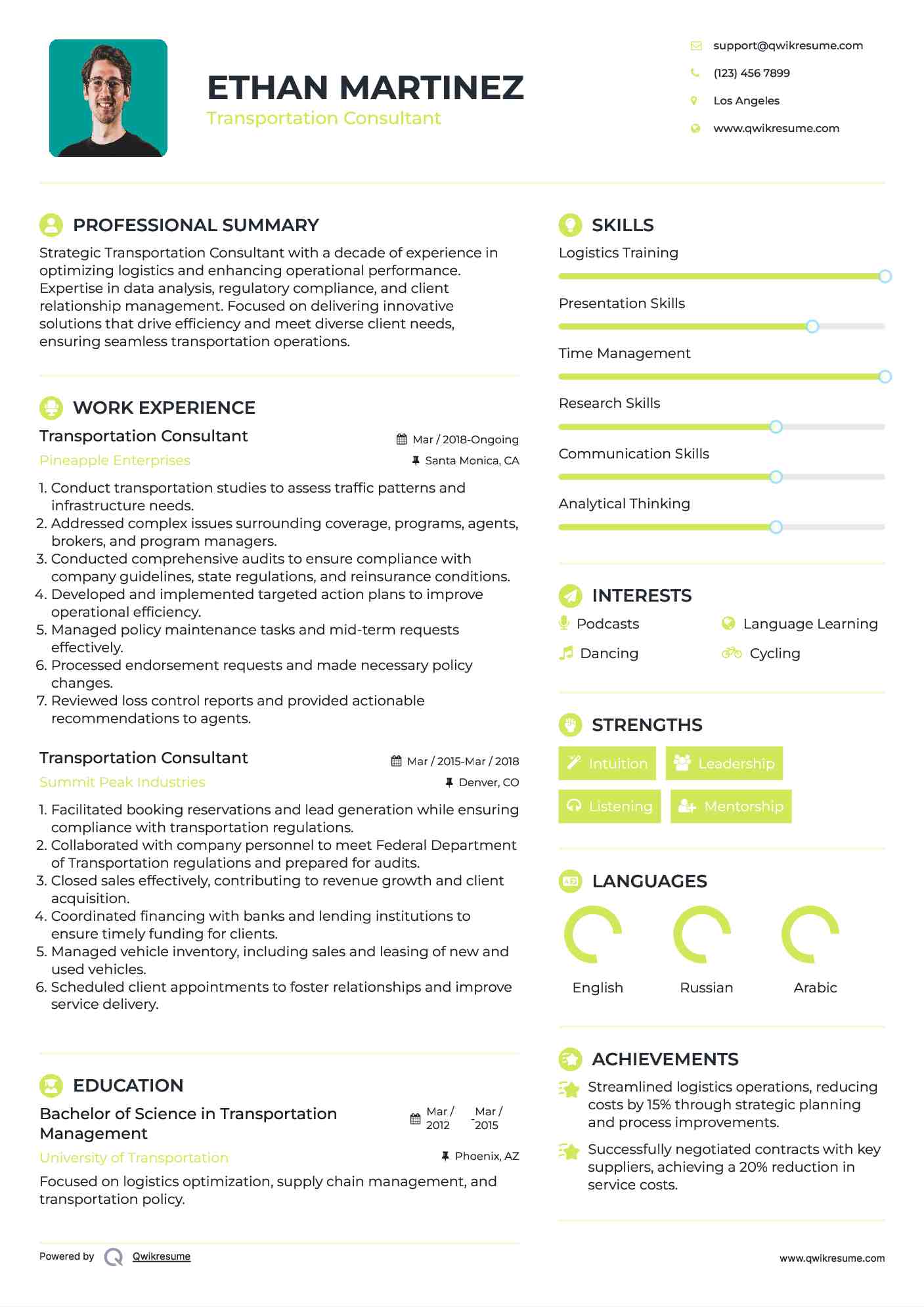 Transportation Consultant Resume Example