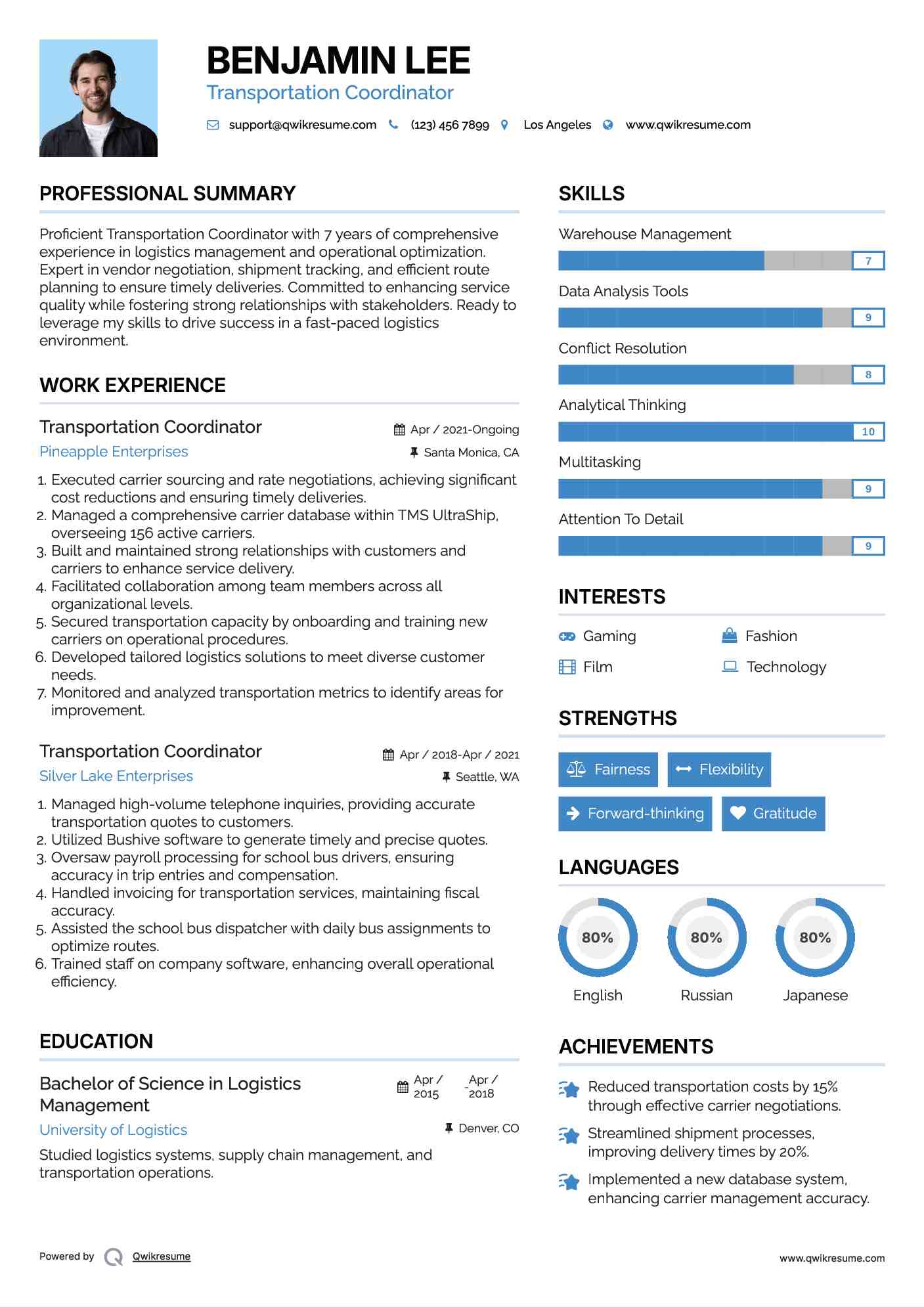 Transportation Coordinator Resume Example