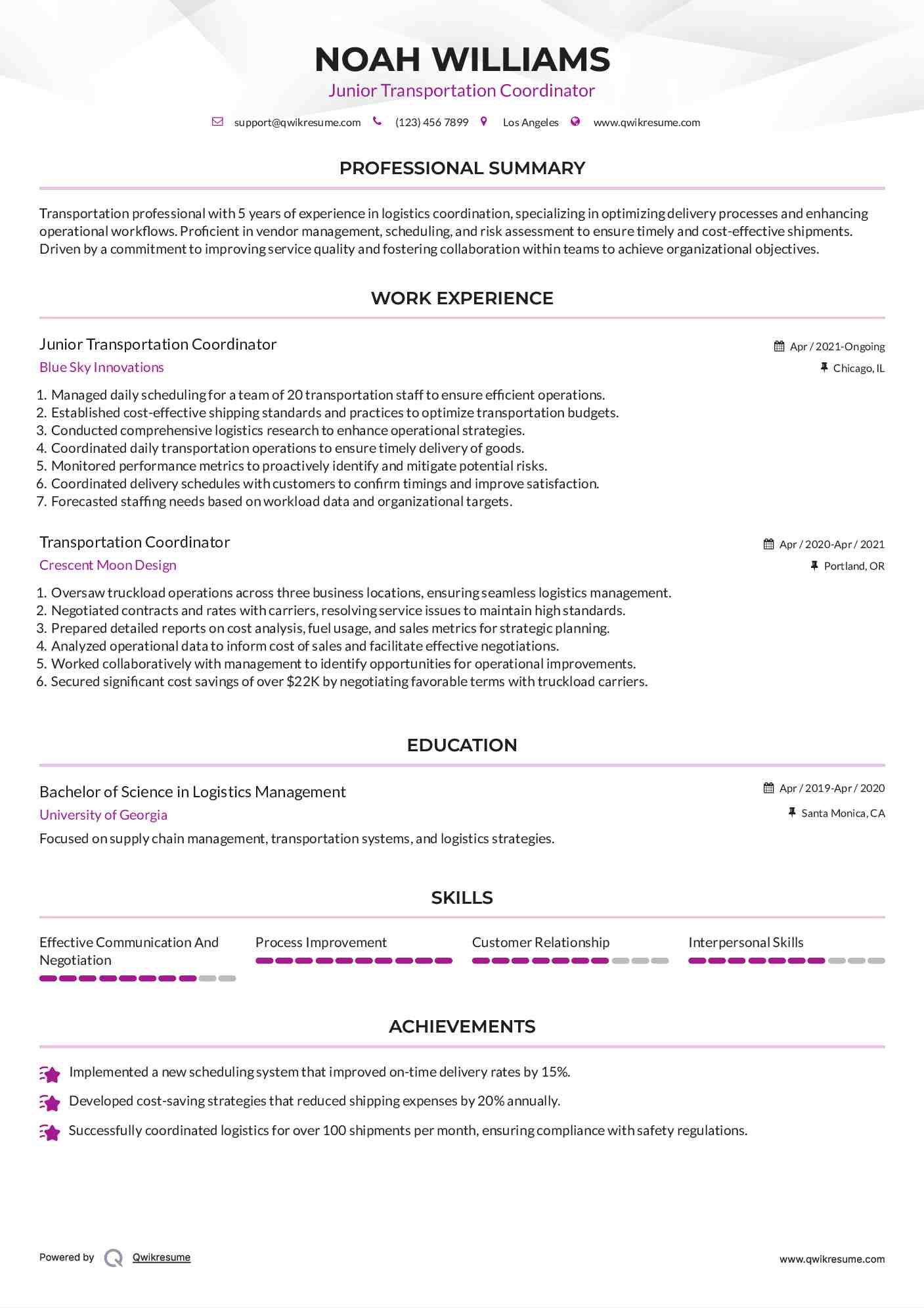 Junior Transportation Coordinator Resume Model