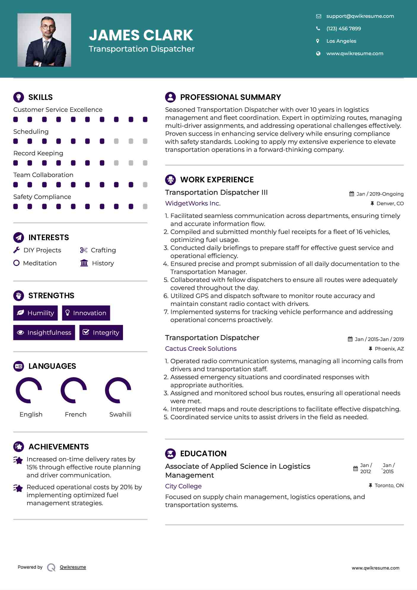 Transportation Dispatcher III Resume Sample