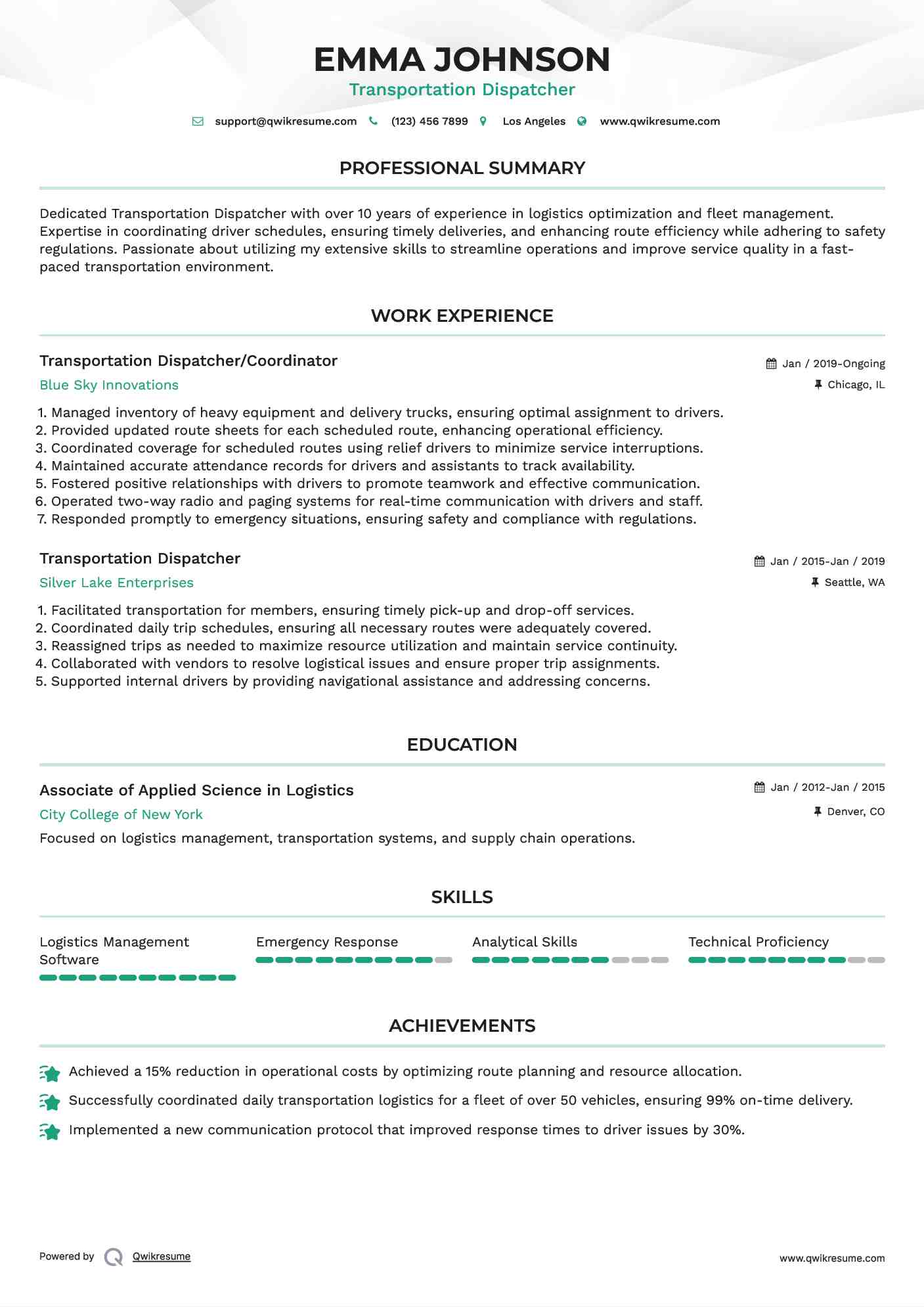 Transportation Dispatcher/Coordinator Resume Sample