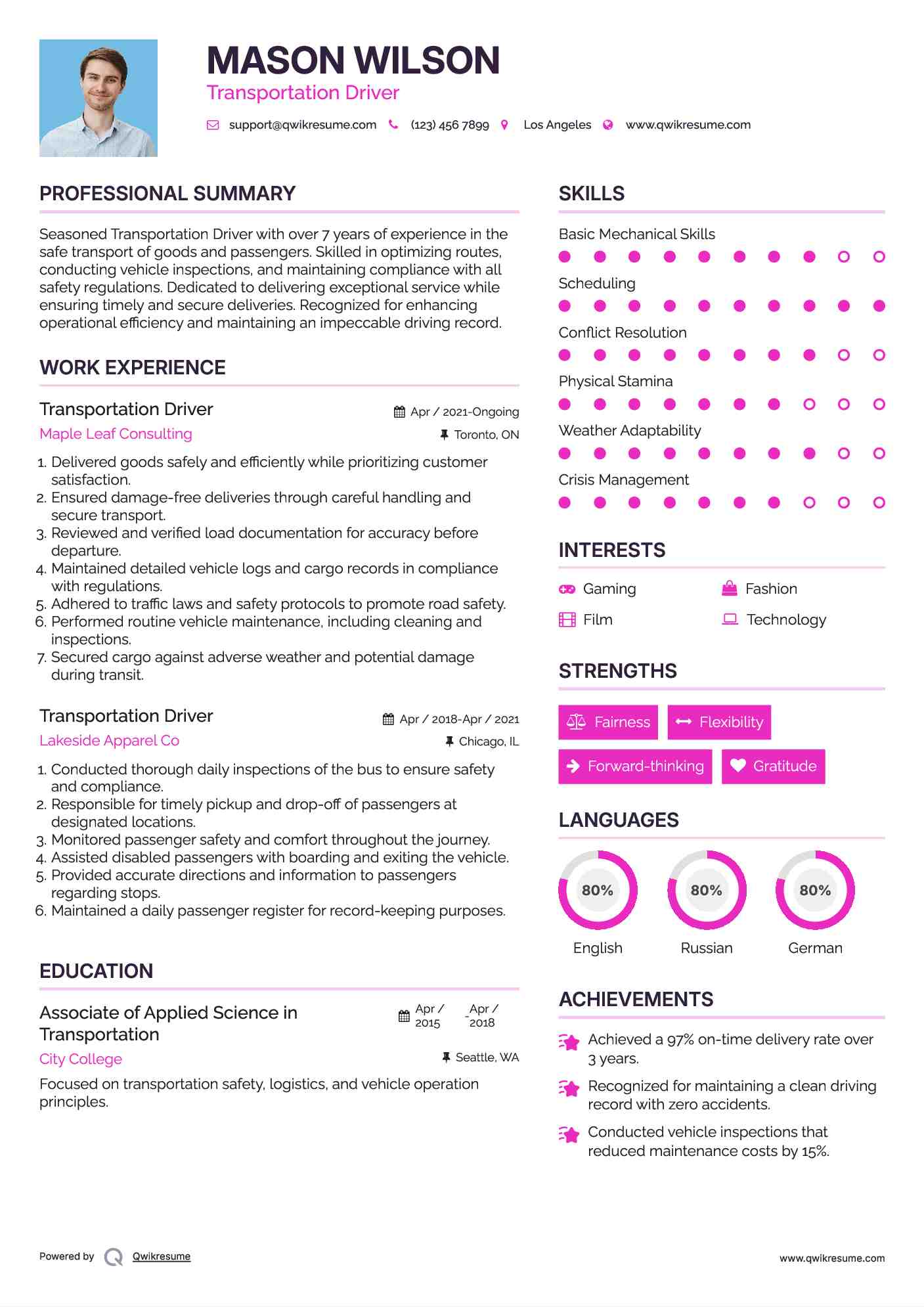 Transportation Driver Resume Example