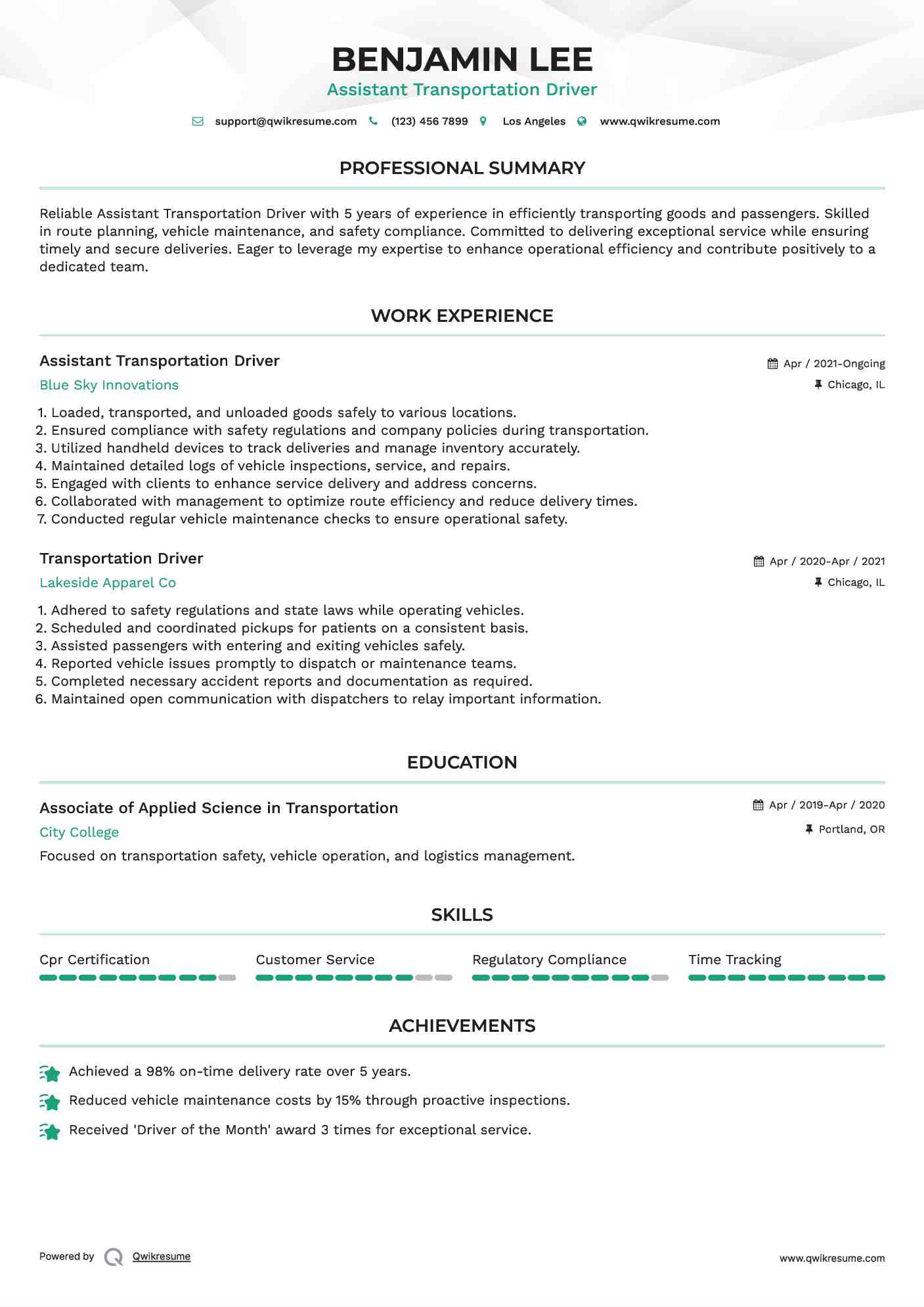 Transportation Driver Resume Samples QwikResume