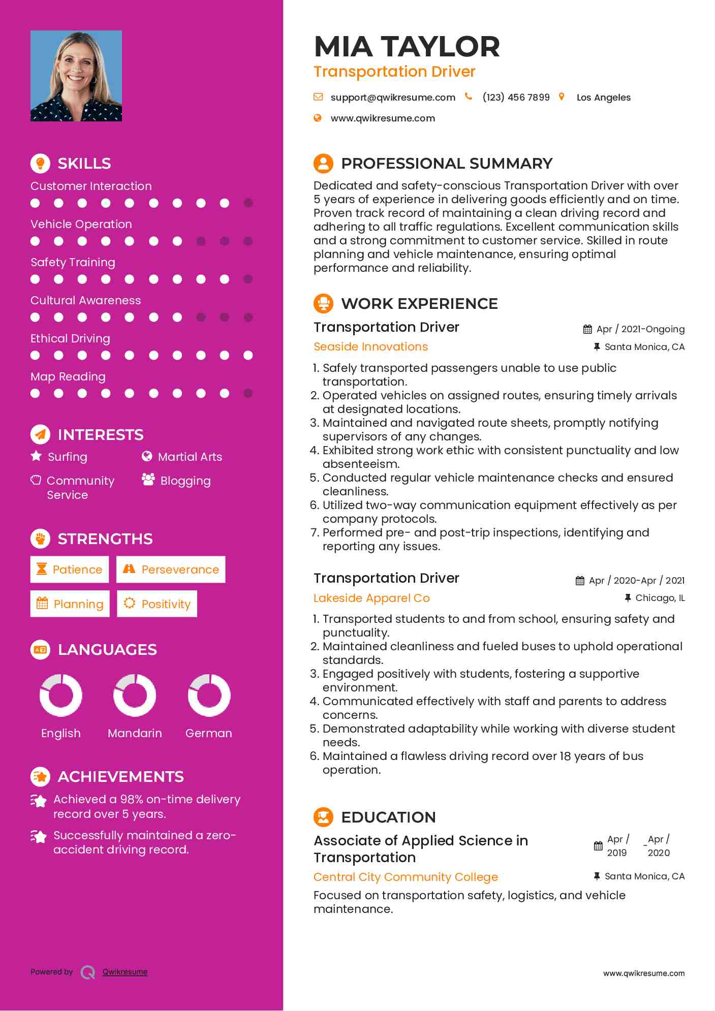 Transportation Driver Resume Example