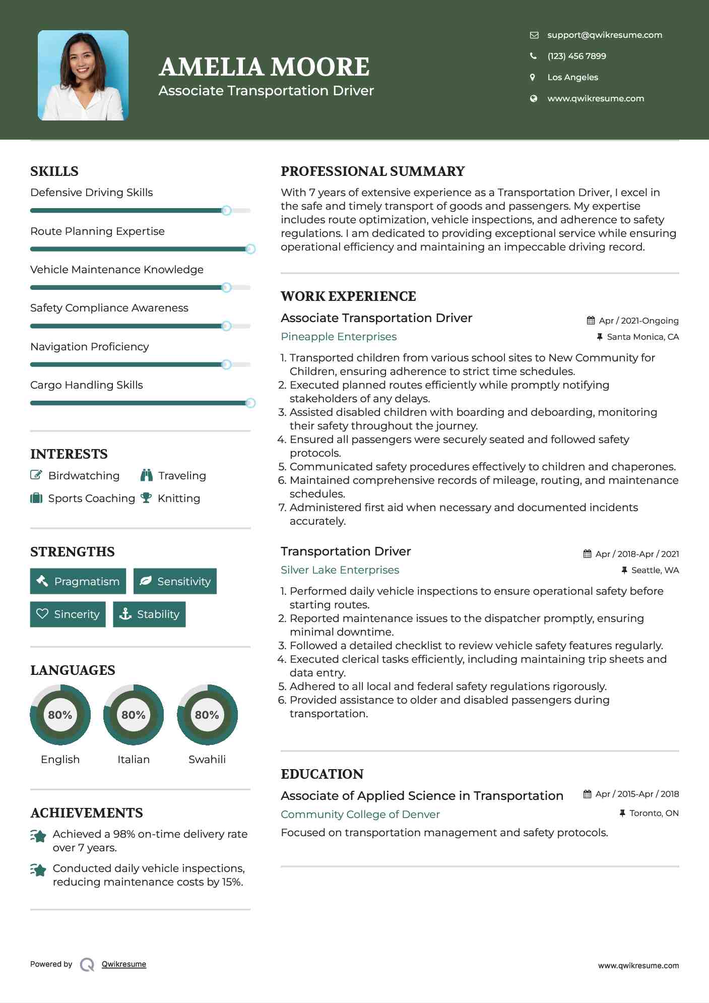 Transportation Driver Resume Samples QwikResume