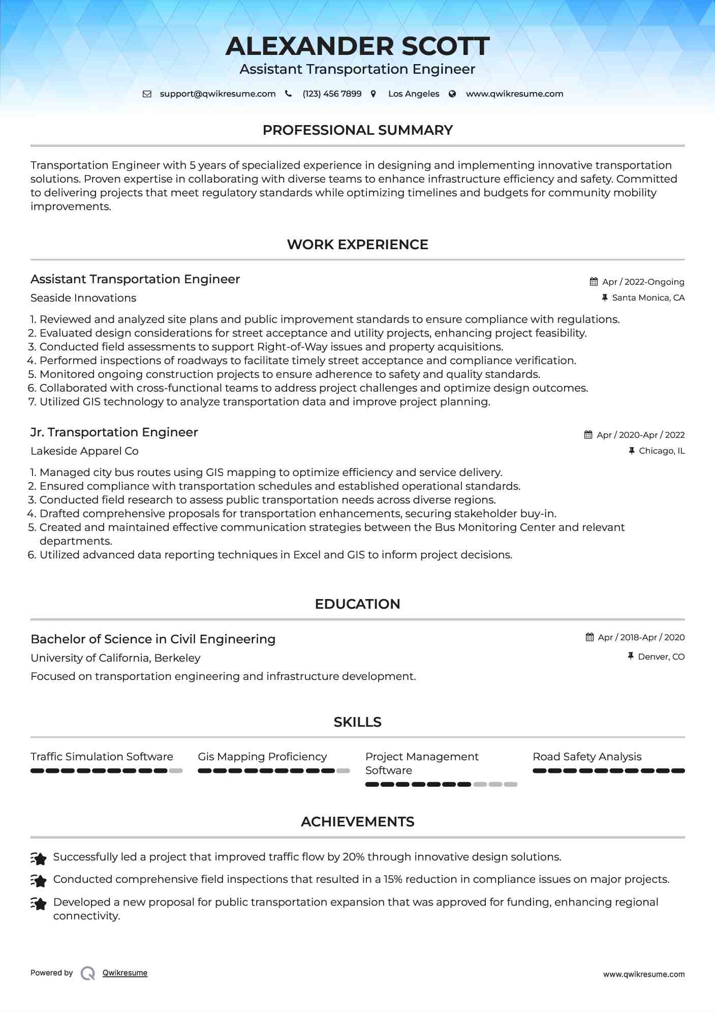 Assistant Transportation Engineer Resume Example