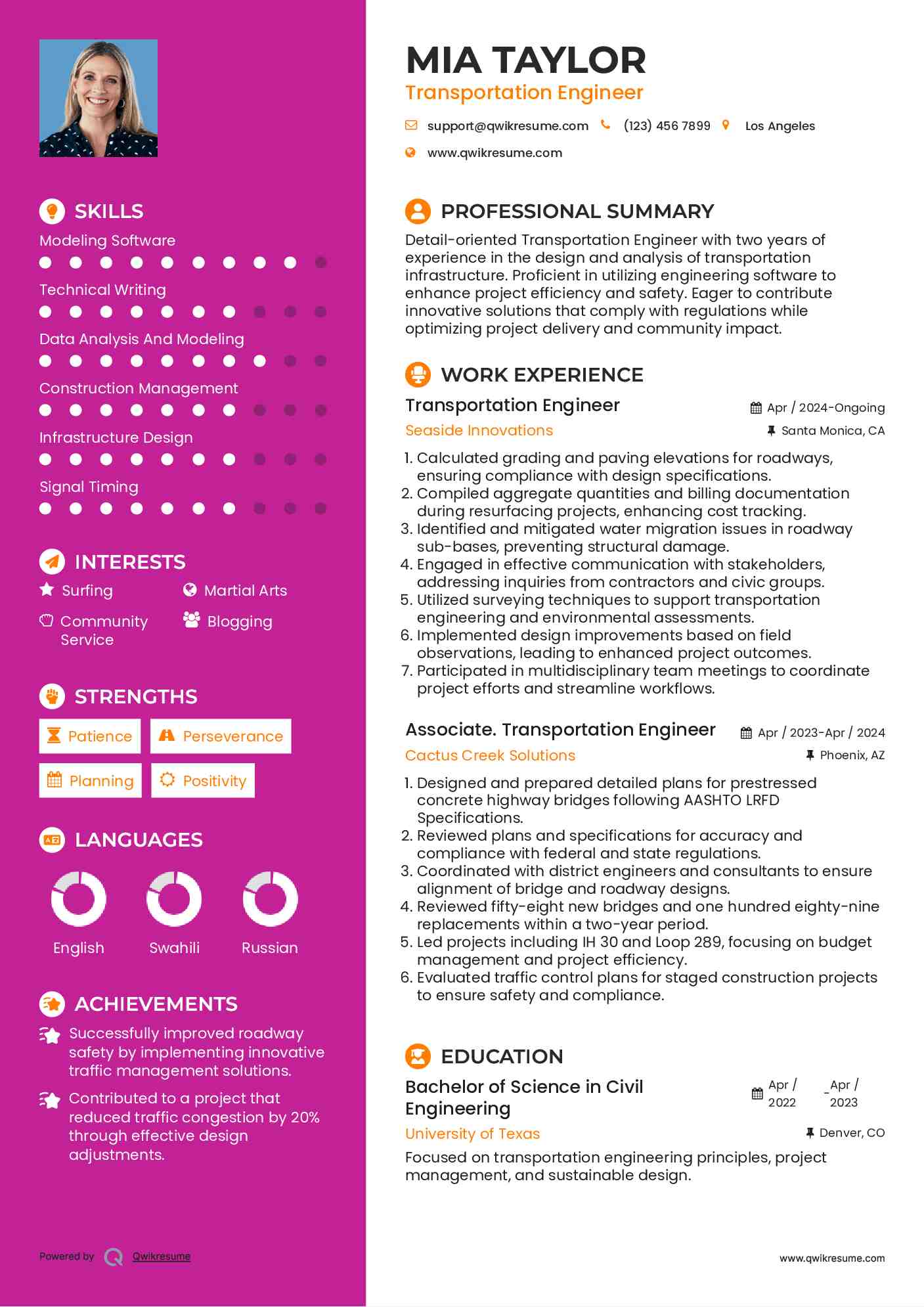 Transportation Engineer Resume Example