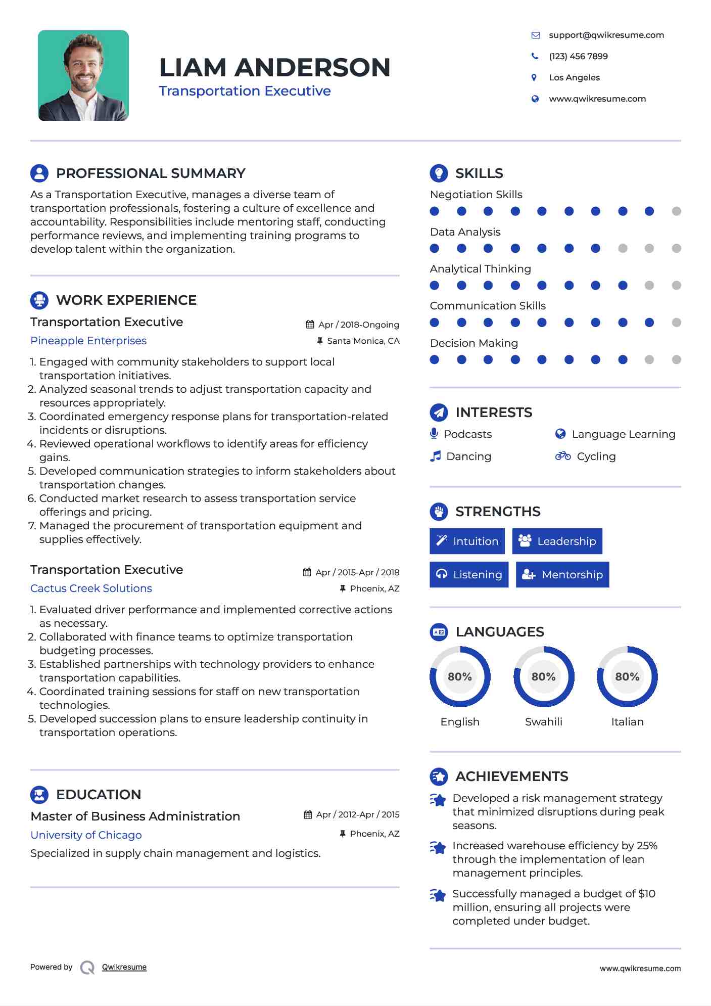 Transportation Executive Resume Template