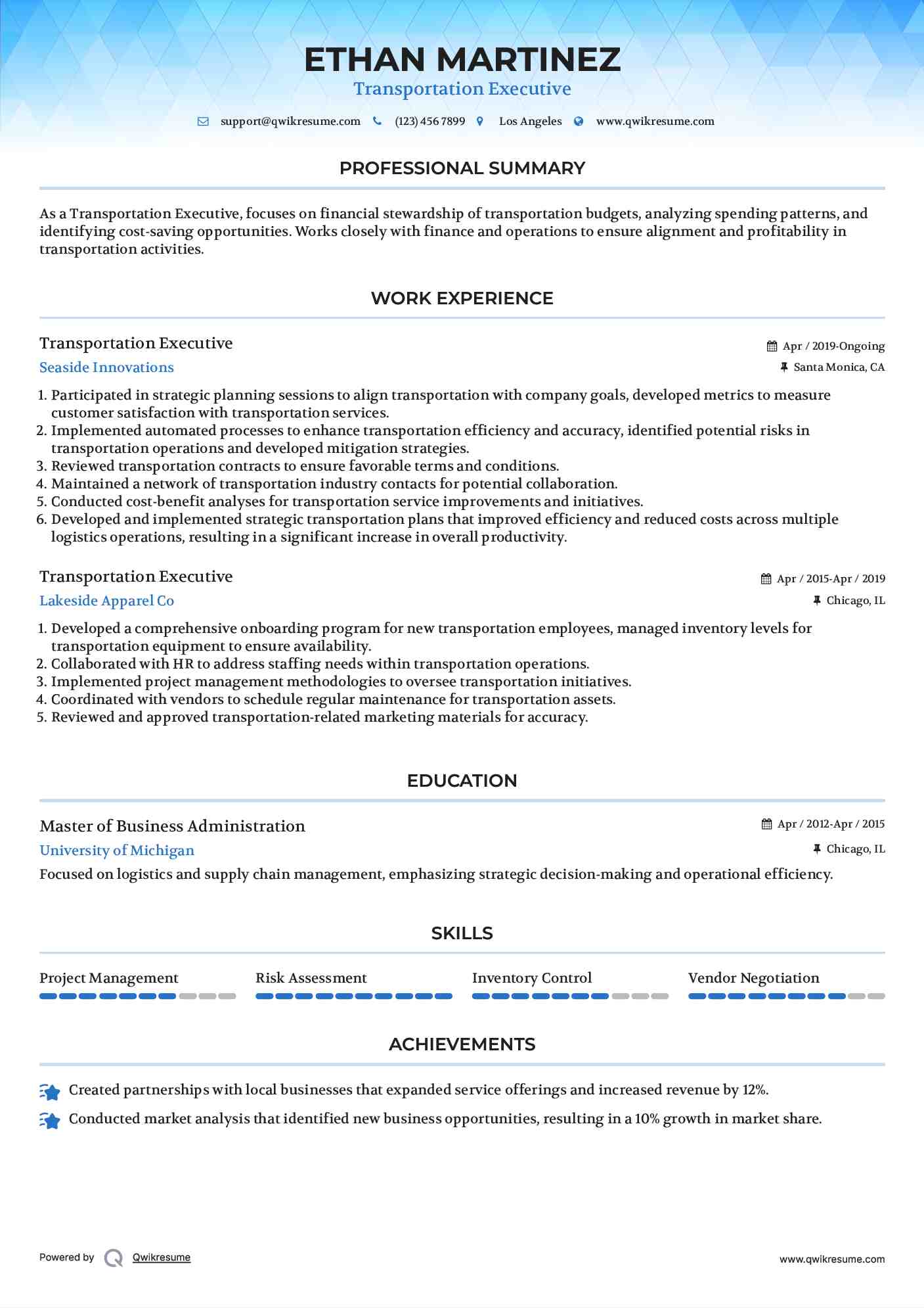 Transportation Executive Resume Sample
