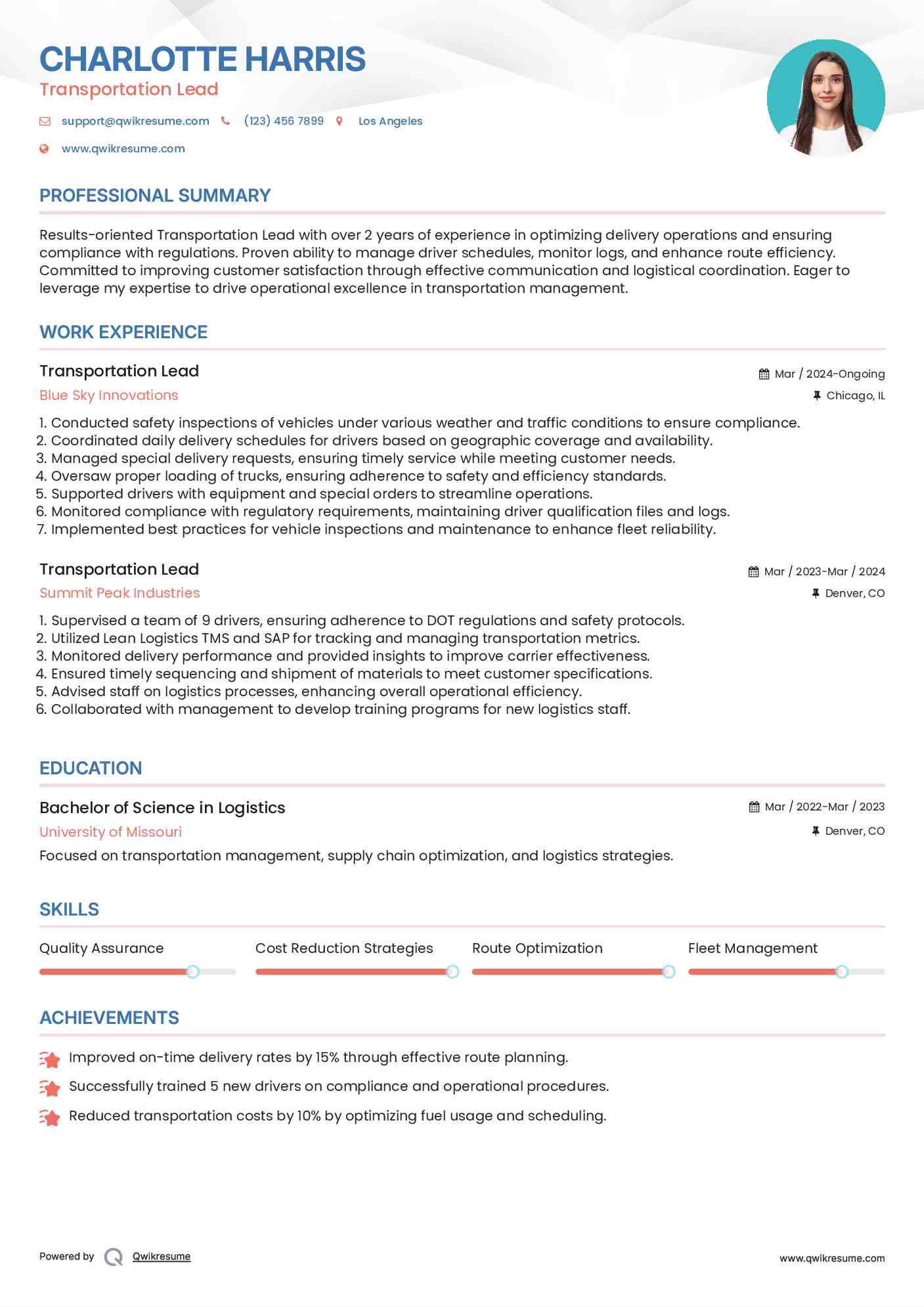 Transportation Lead Resume Model
