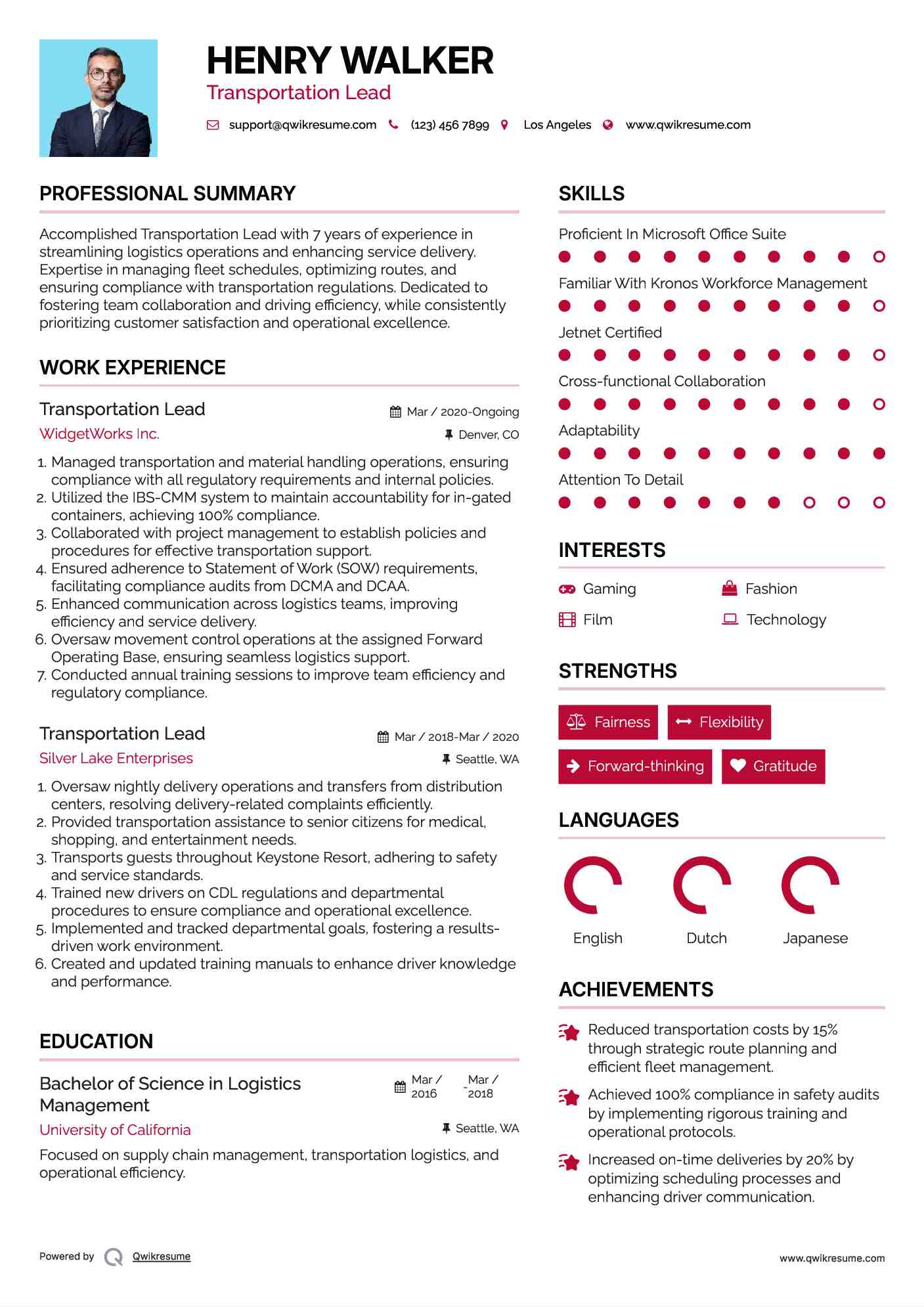 Transportation Lead Resume Format