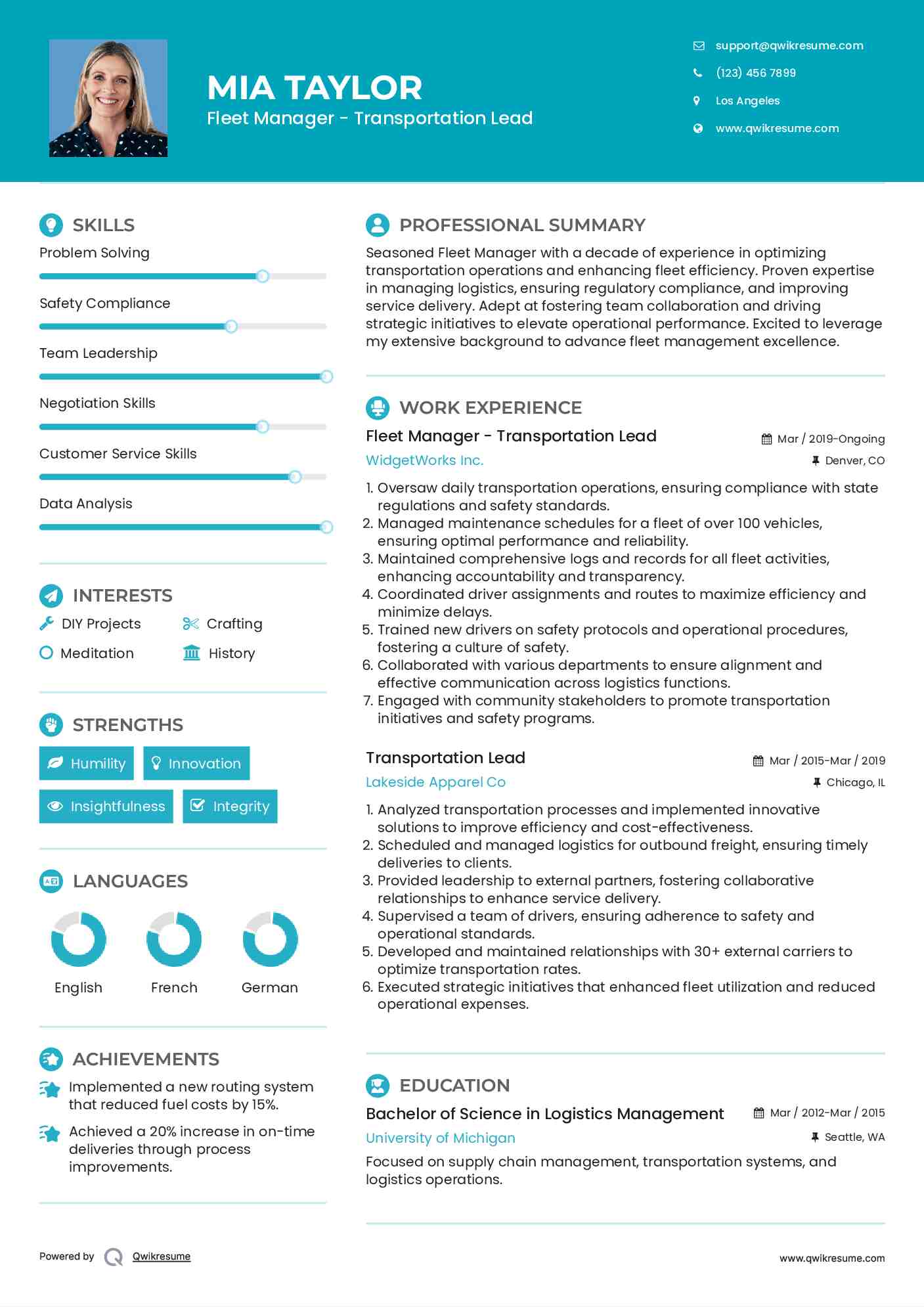 Fleet Manager - Transportation Lead Resume Template