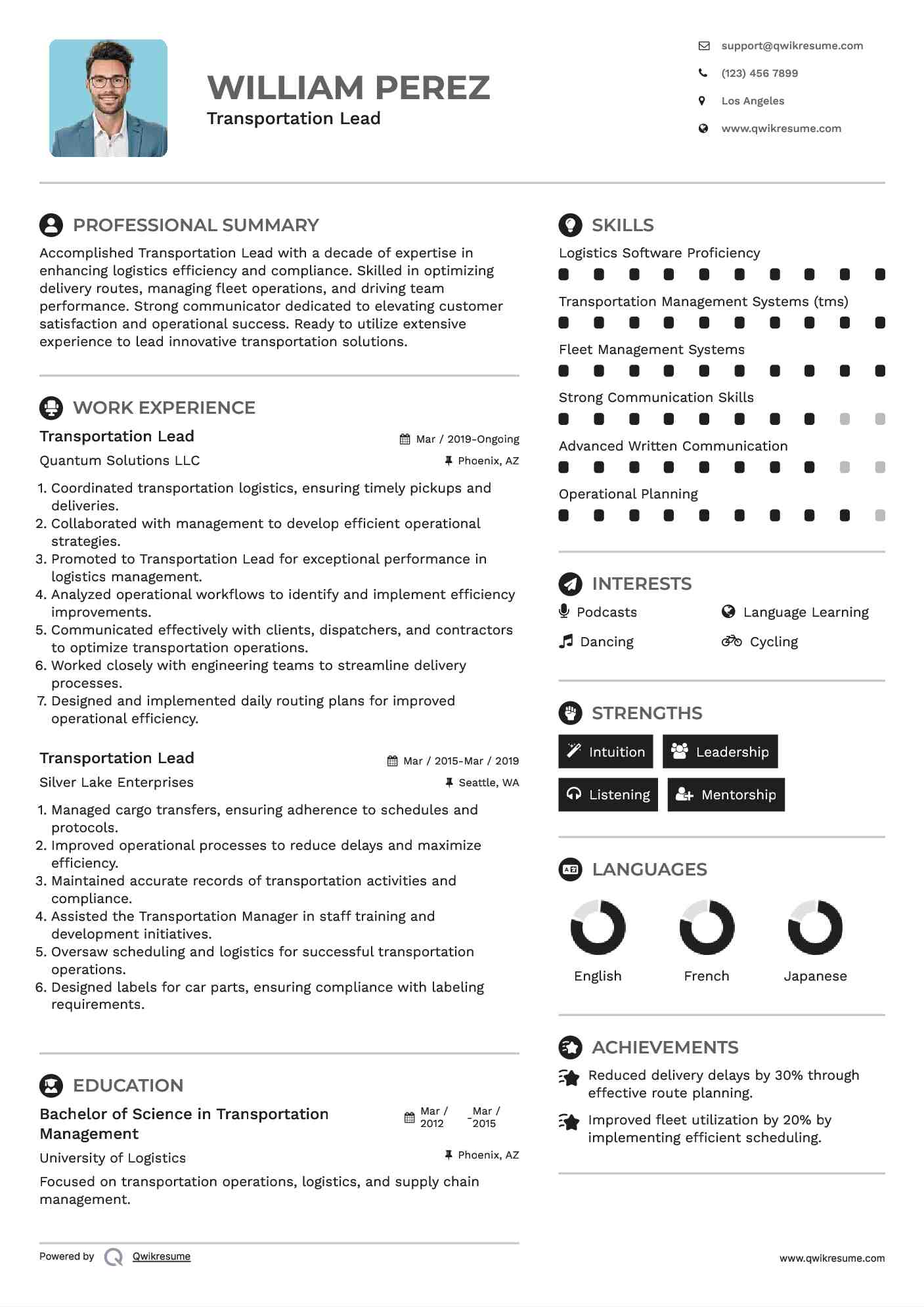 Transportation Lead Resume Model