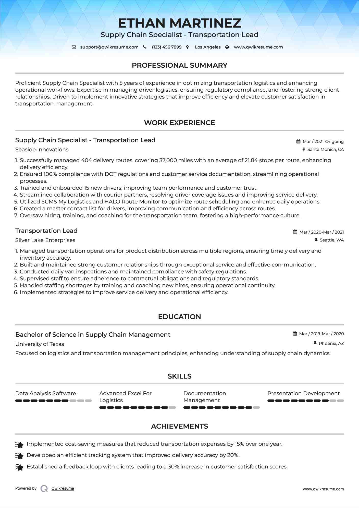 Supply Chain Specialist - Transportation Lead Resume Format