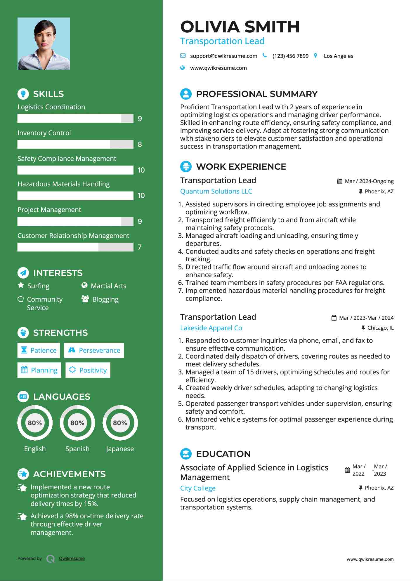 Transportation Lead Resume Example