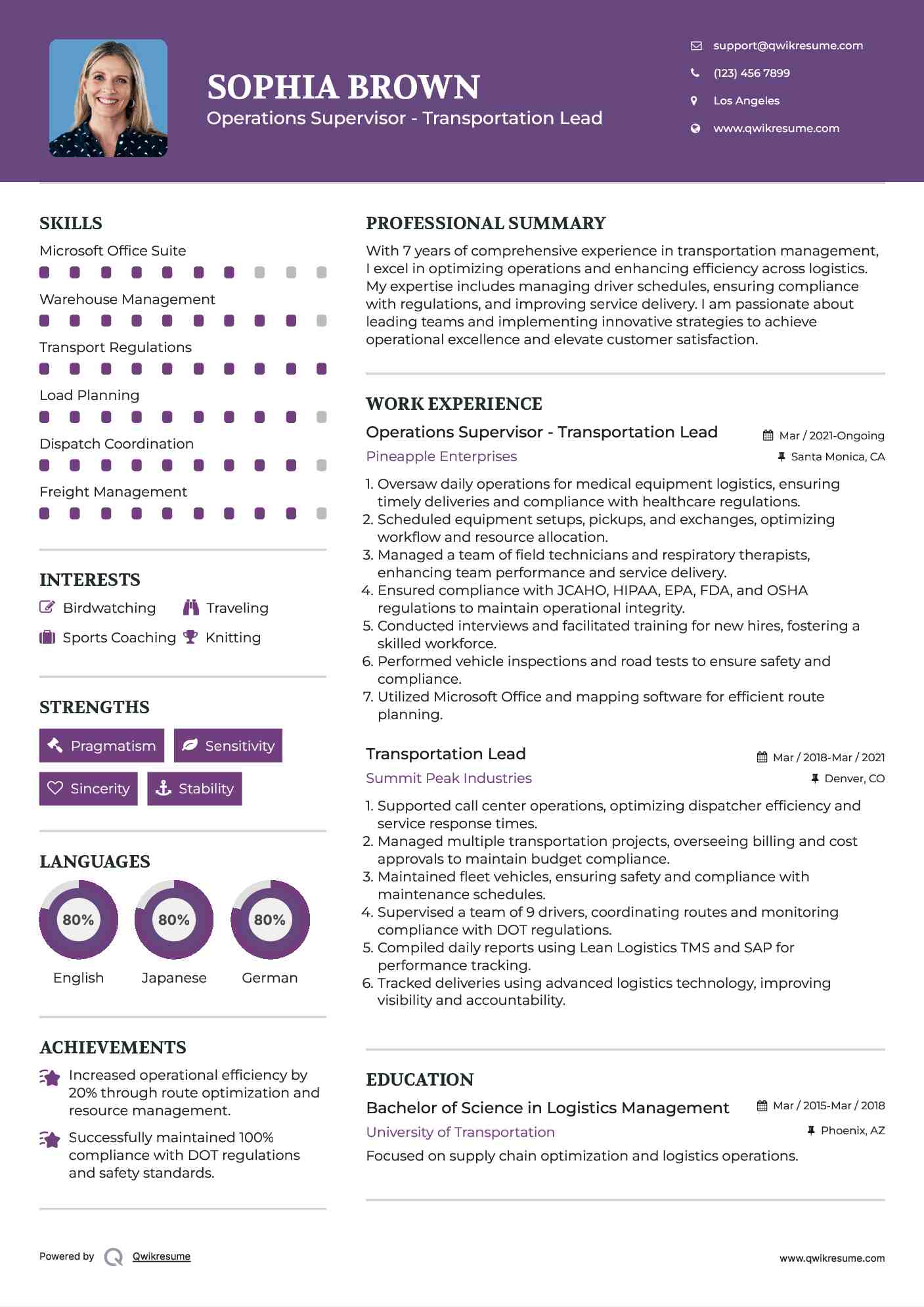 Operations Supervisor - Transportation Lead Resume Template