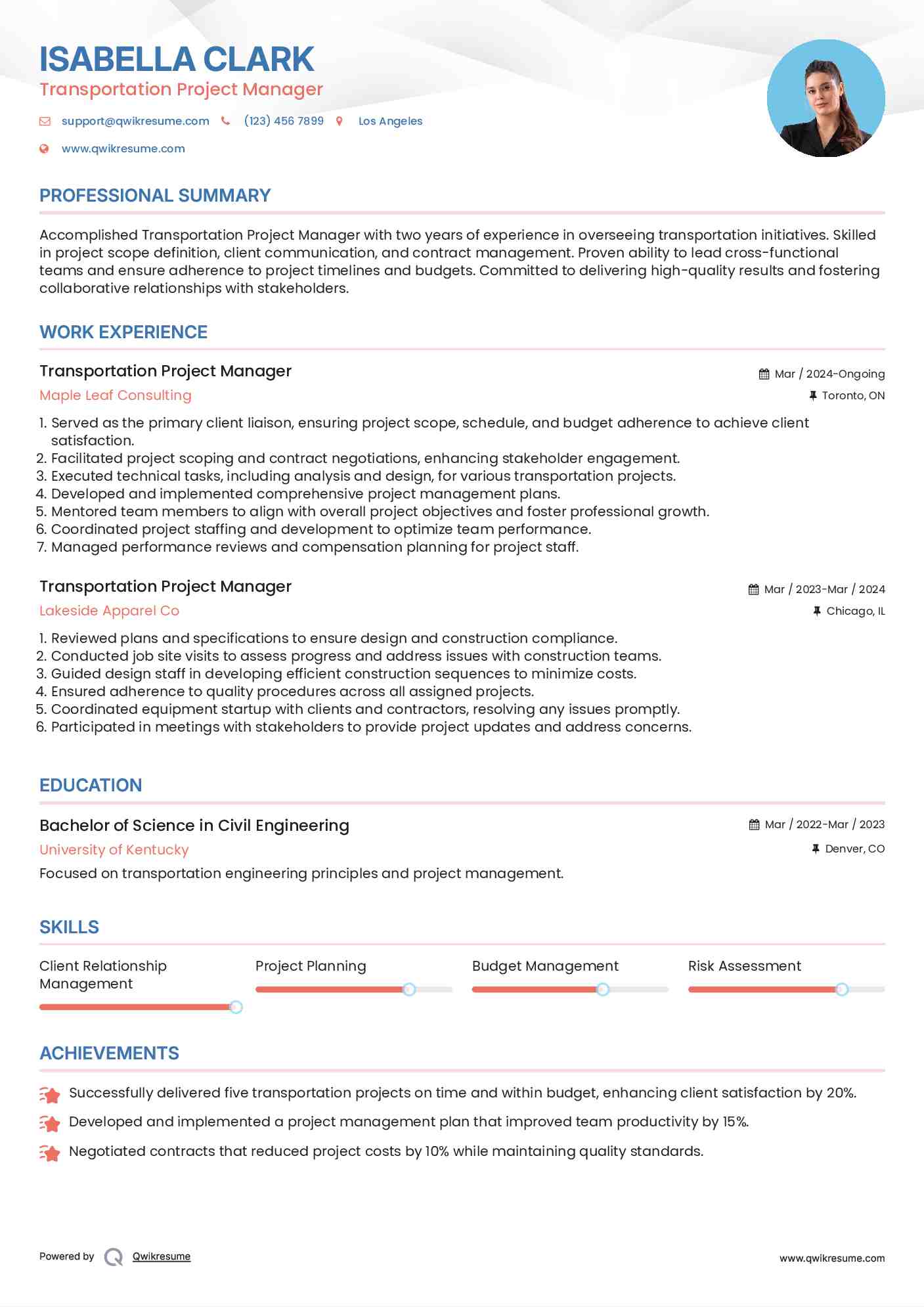 Transportation Project Manager Resume Template