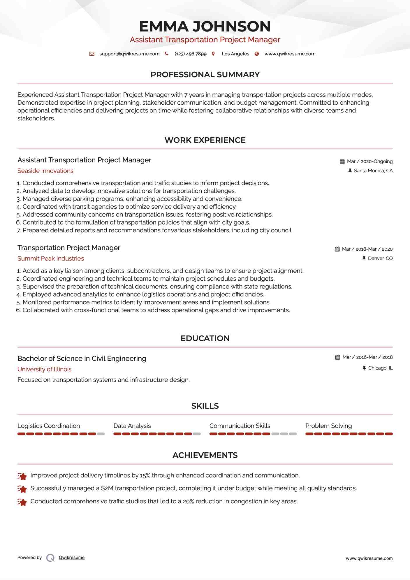 Assistant Transportation Project Manager Resume Sample