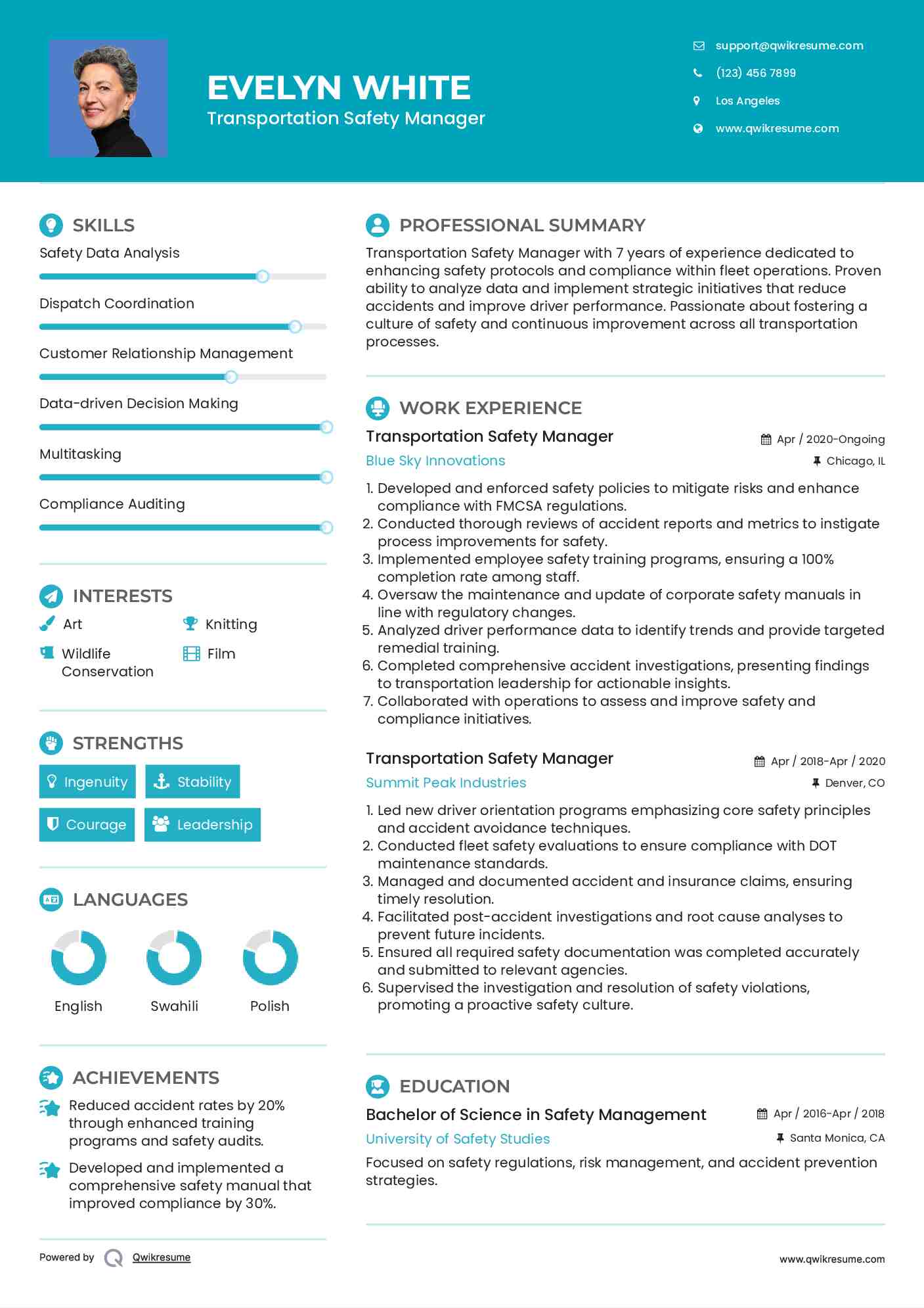 Transportation Safety Manager Resume Template