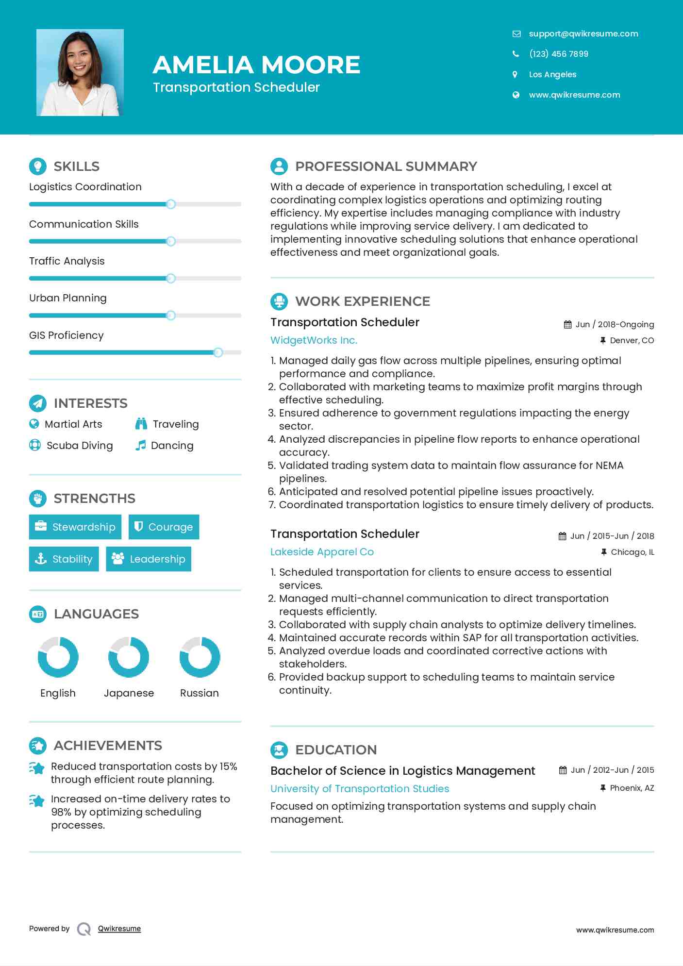 Transportation Scheduler Resume Example