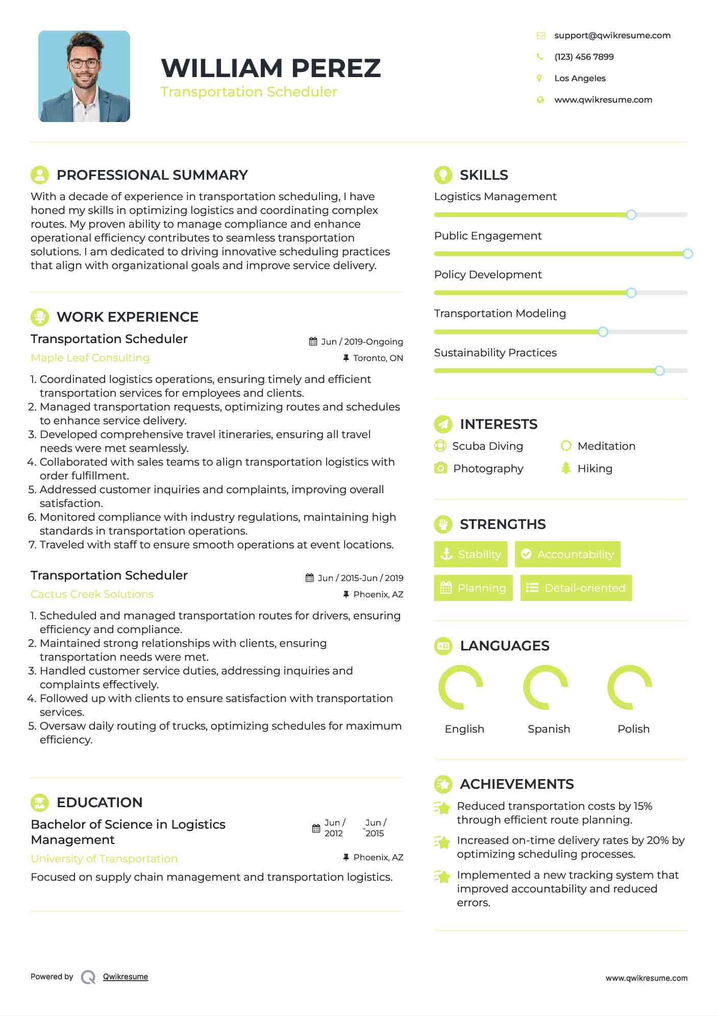 Transportation Scheduler Resume Model