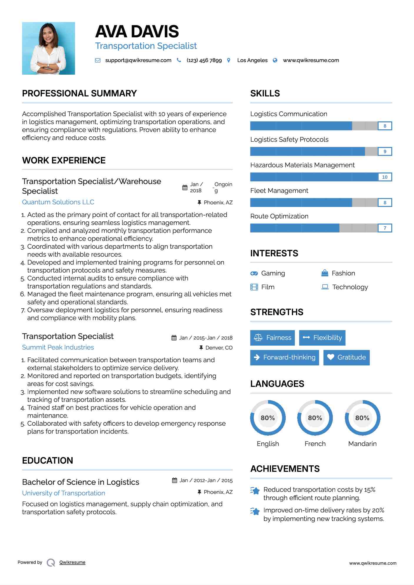 Transportation Specialist/Warehouse Specialist Resume Model