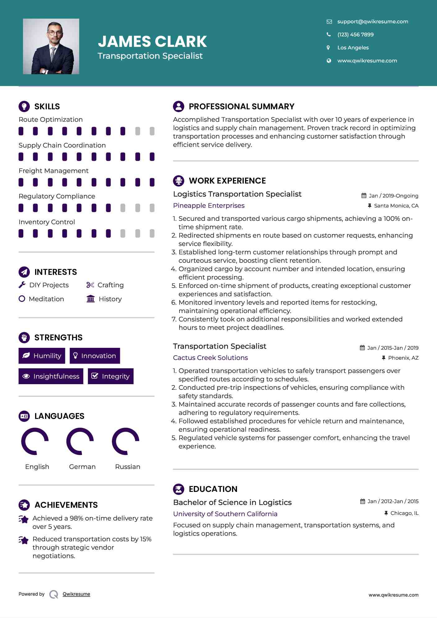 Logistics Transportation Specialist Resume Model