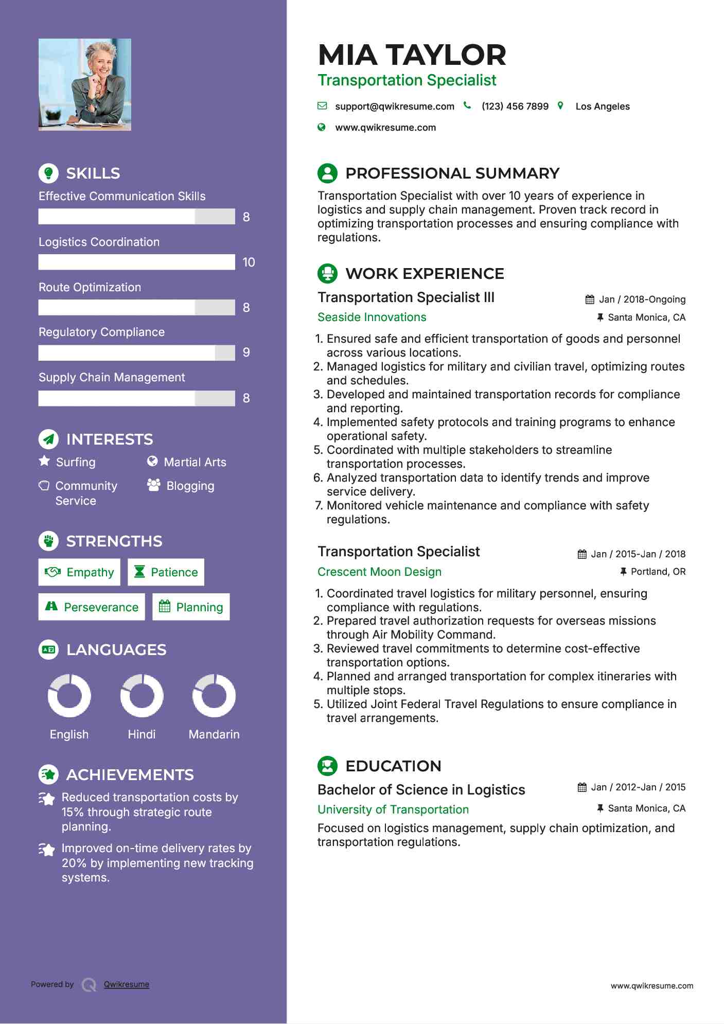 Transportation Specialist III Resume Sample