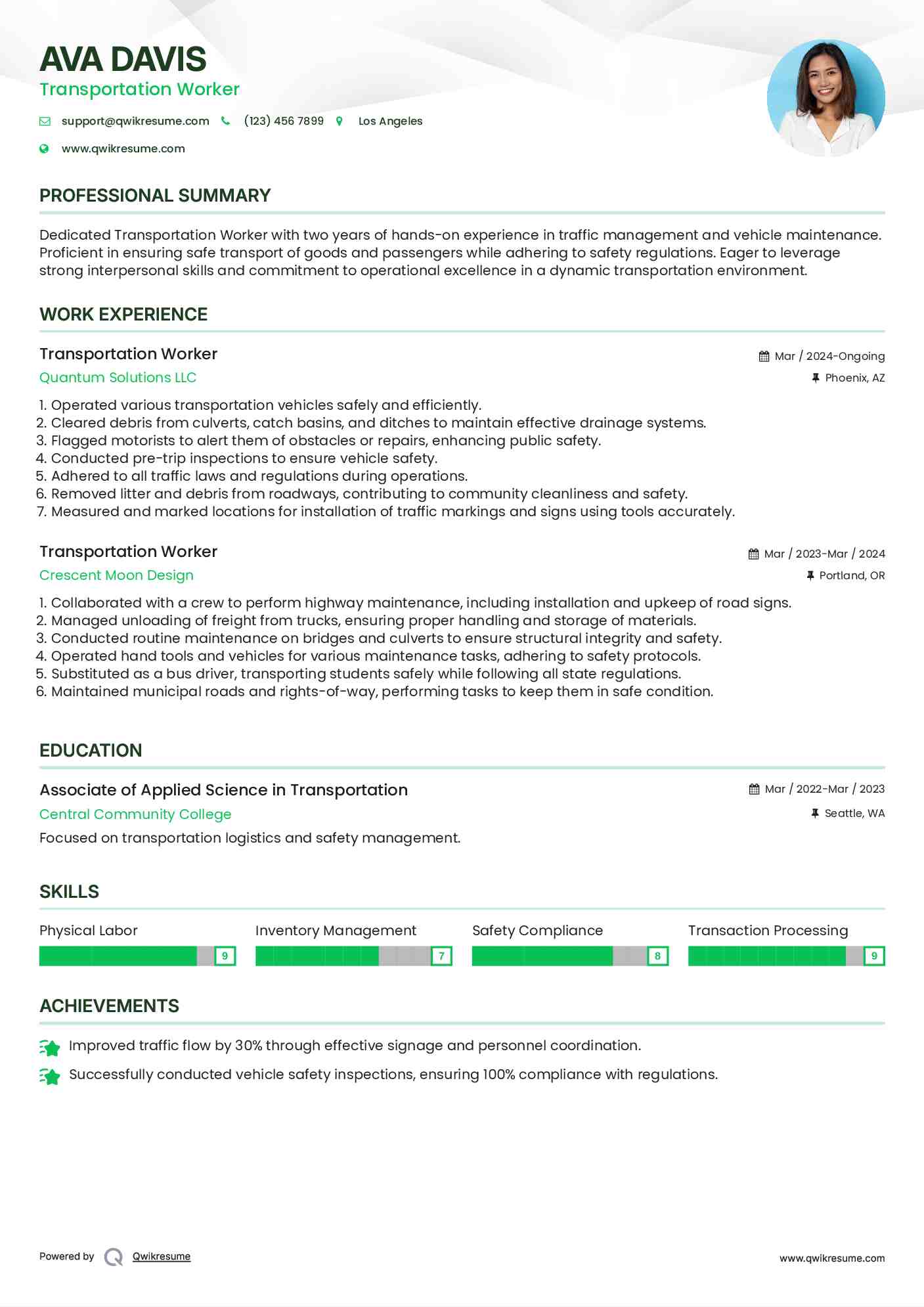 Transportation Worker Resume Format