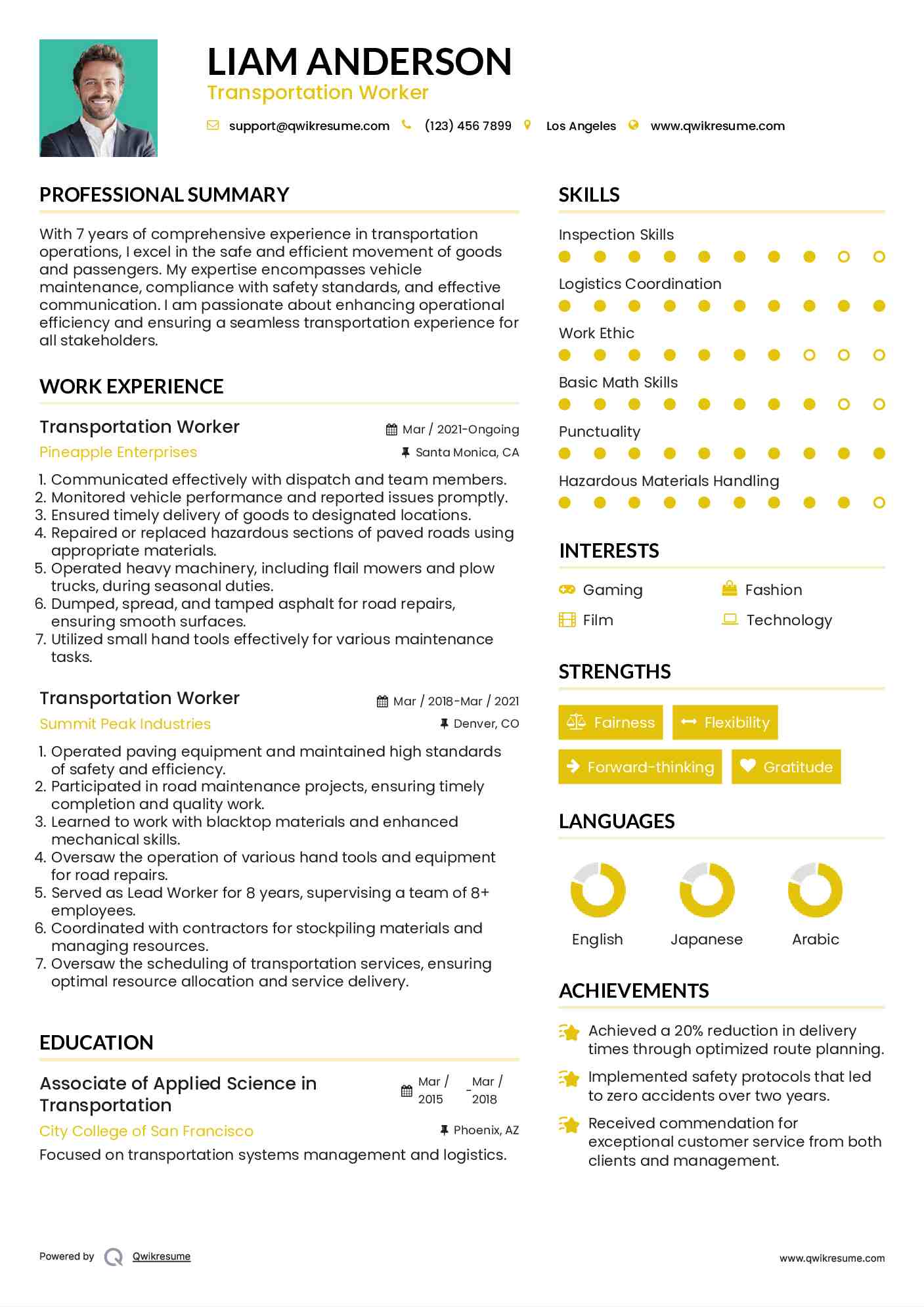 Transportation Worker Resume Model
