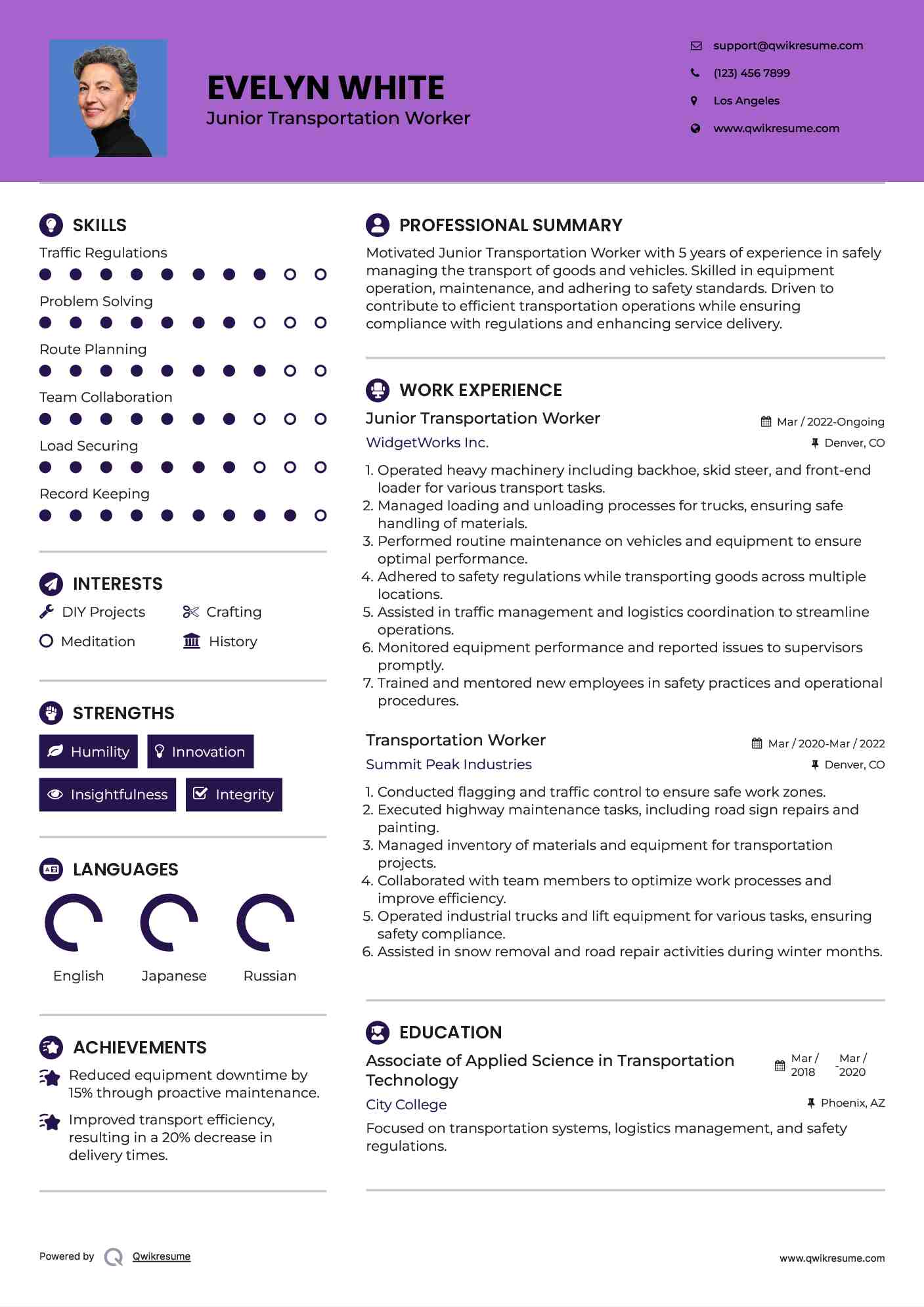 Junior Transportation Worker Resume Sample