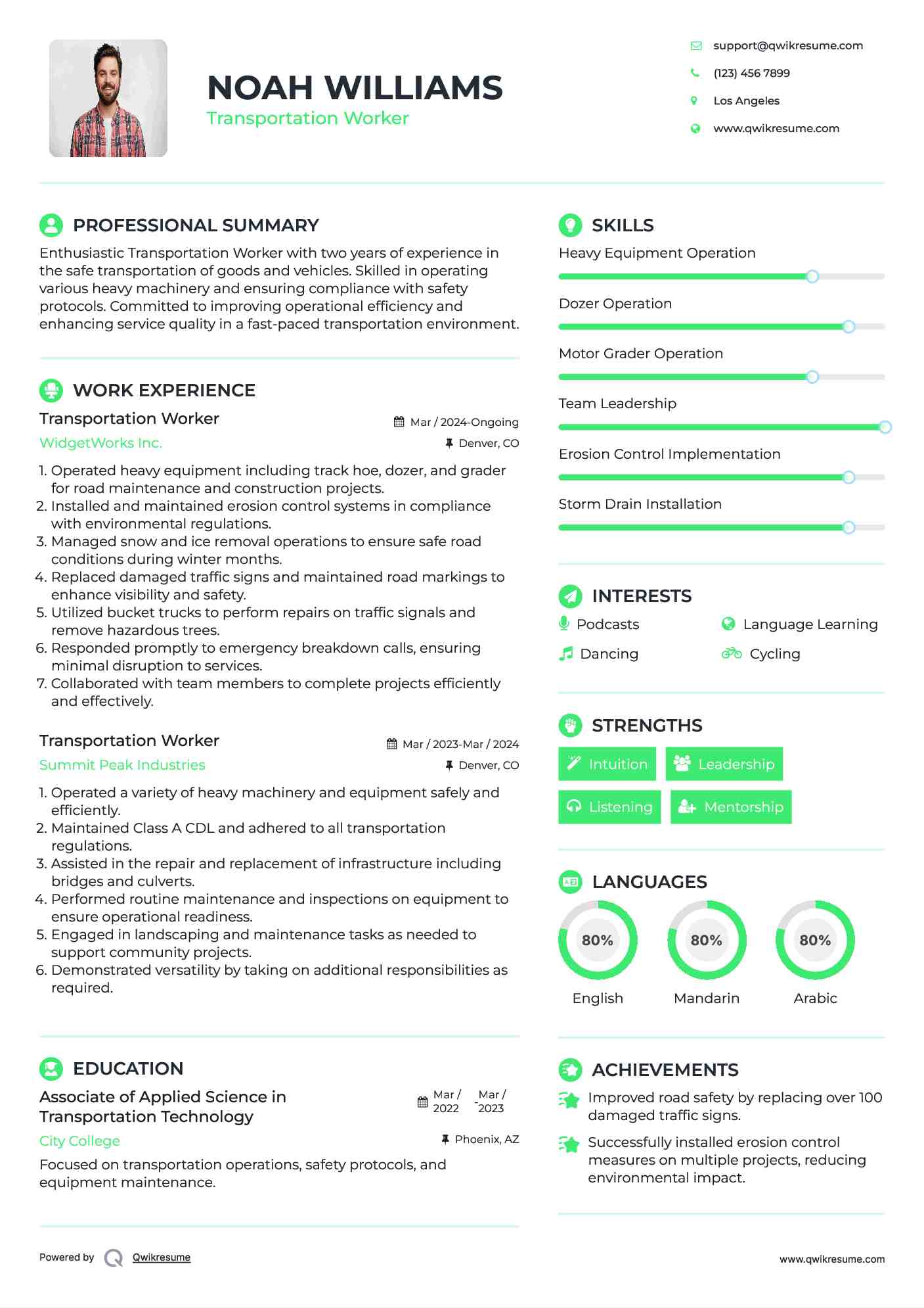 Transportation Worker Resume Example