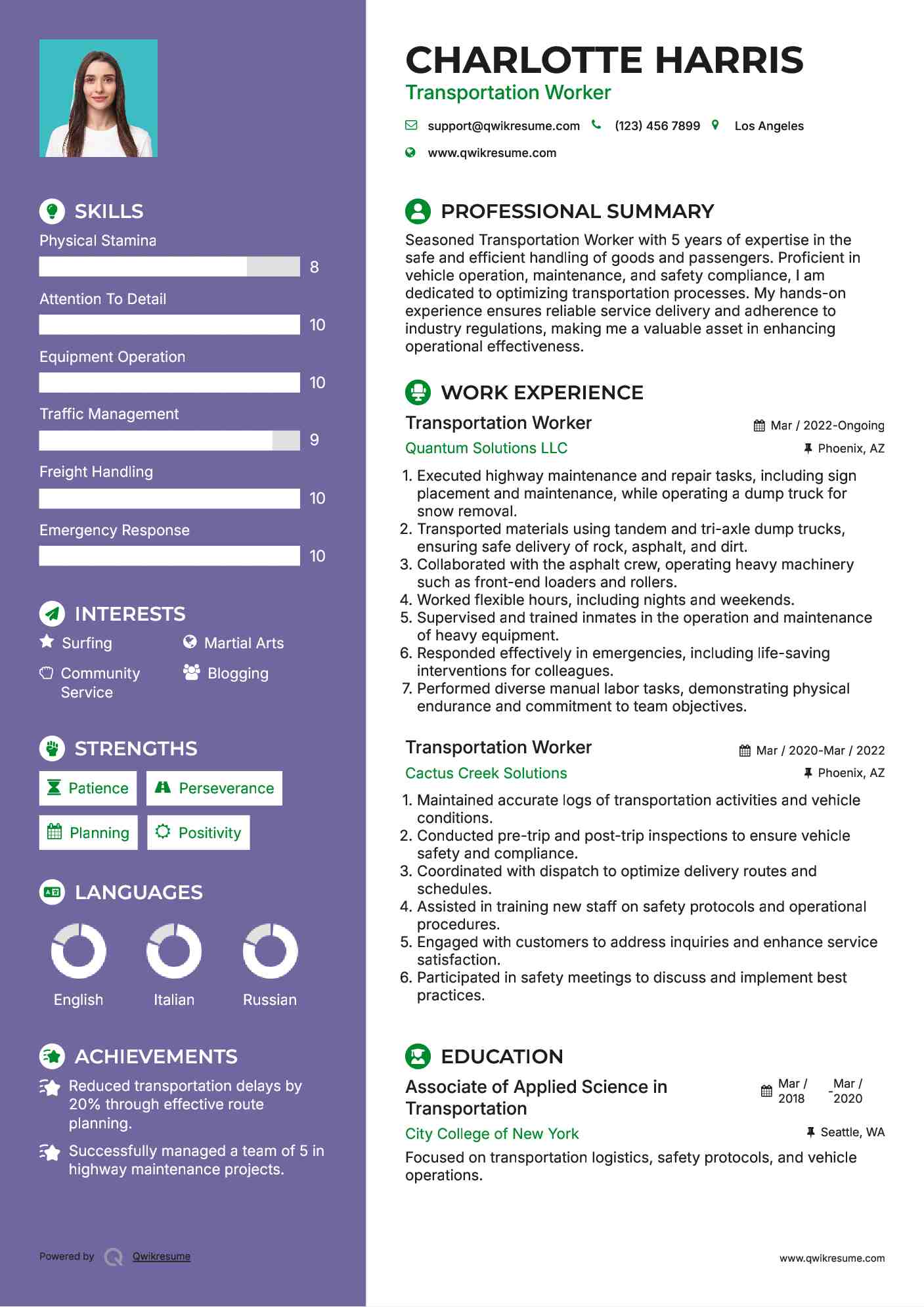 Transportation Worker Resume Example