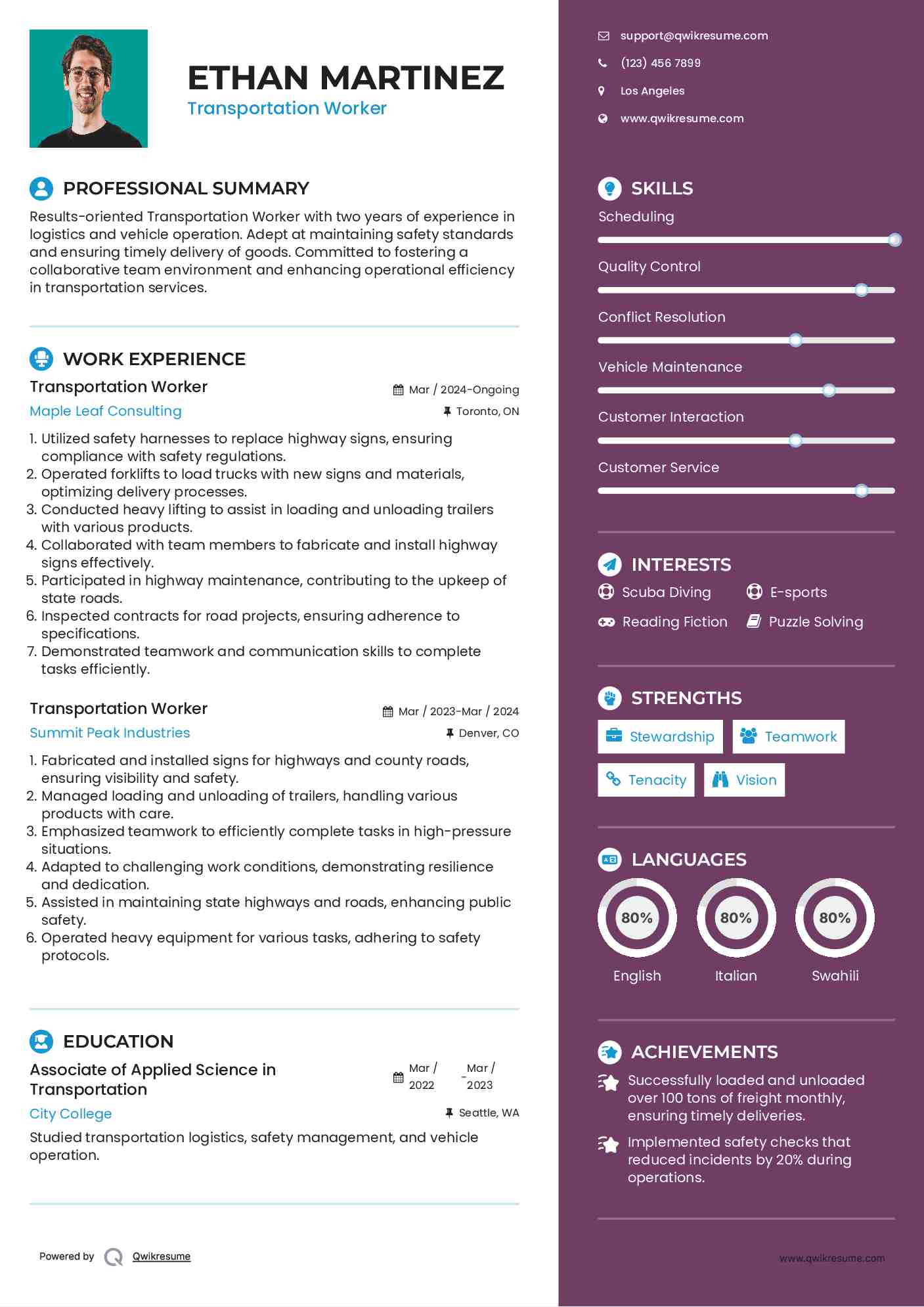 Transportation Worker Resume Template