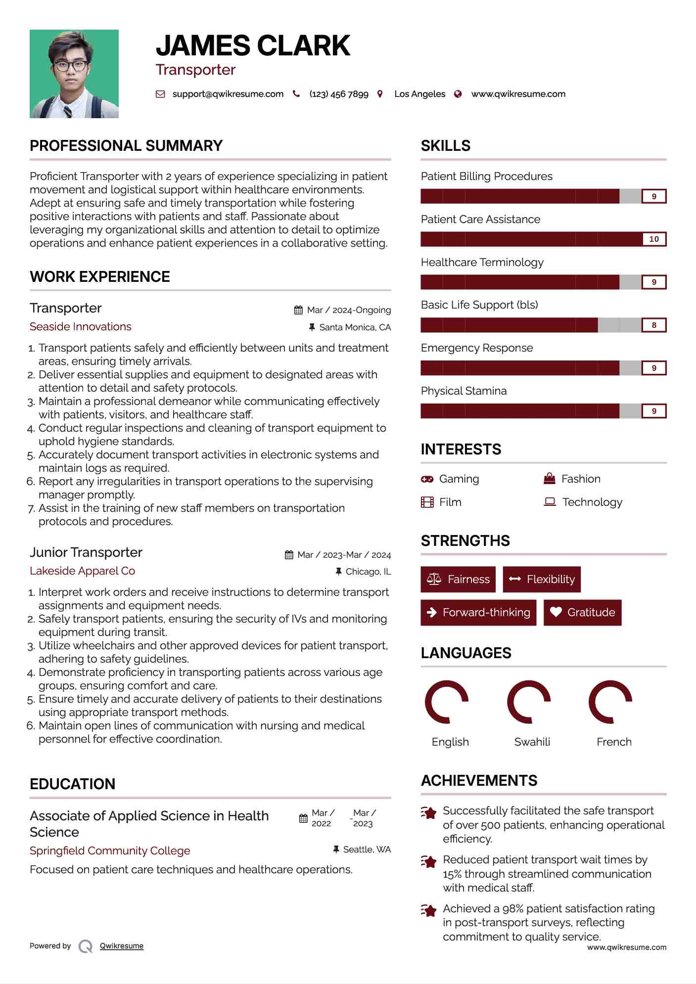 Transporter Resume Template