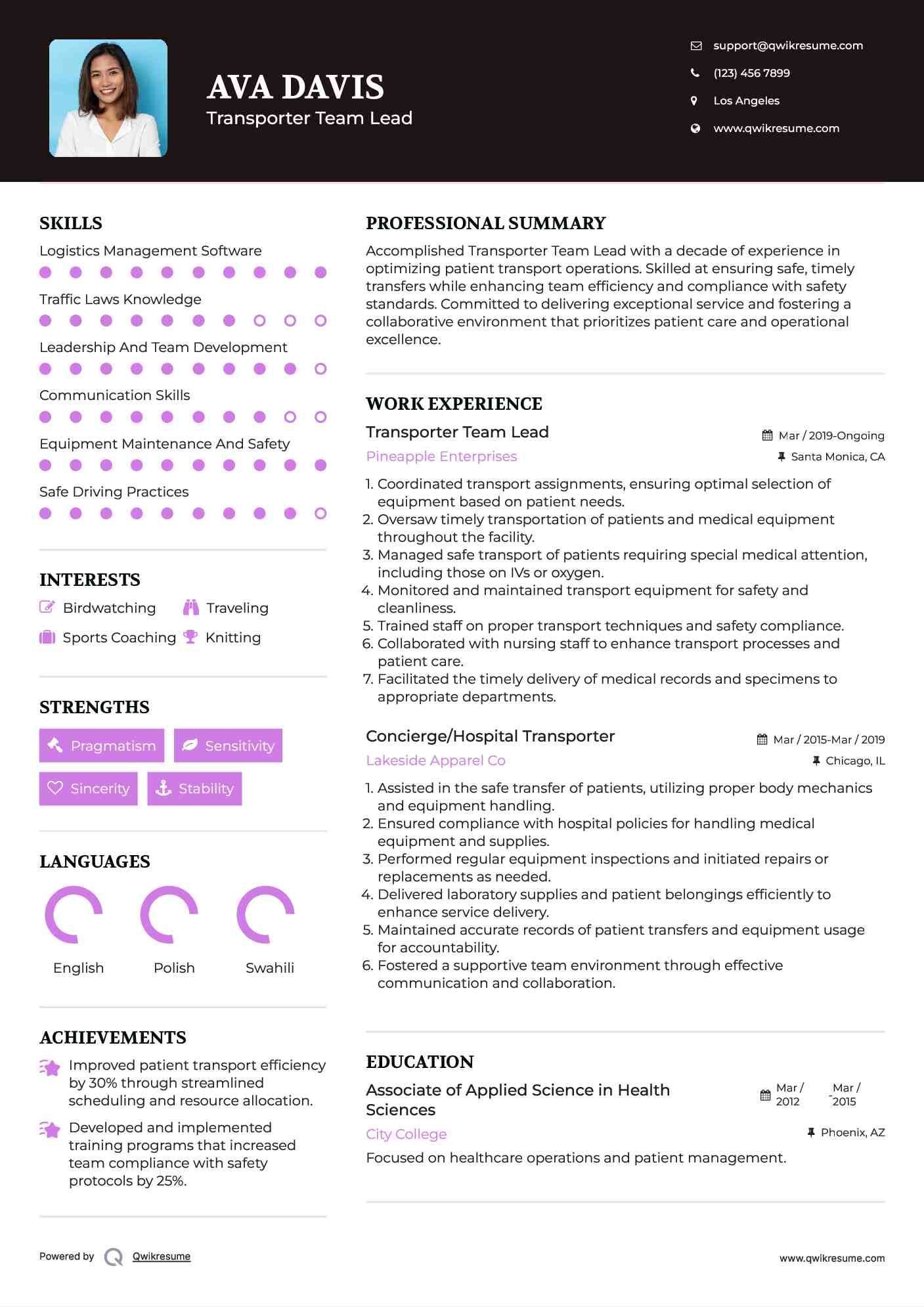 Transporter Team Lead Resume Format