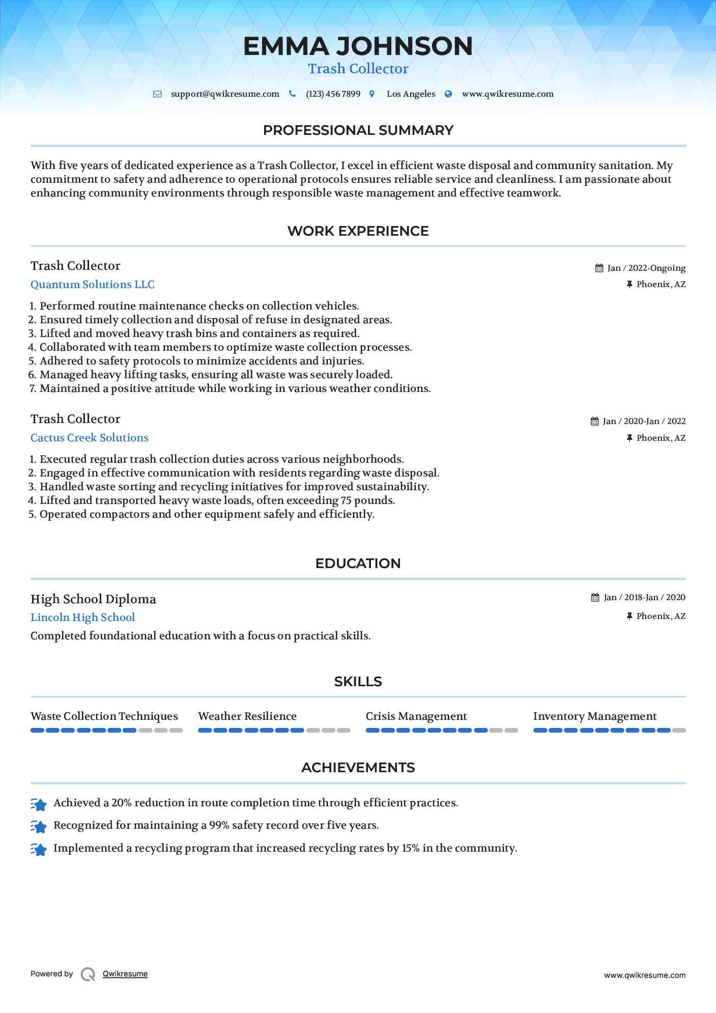 Trash Collector Resume Model