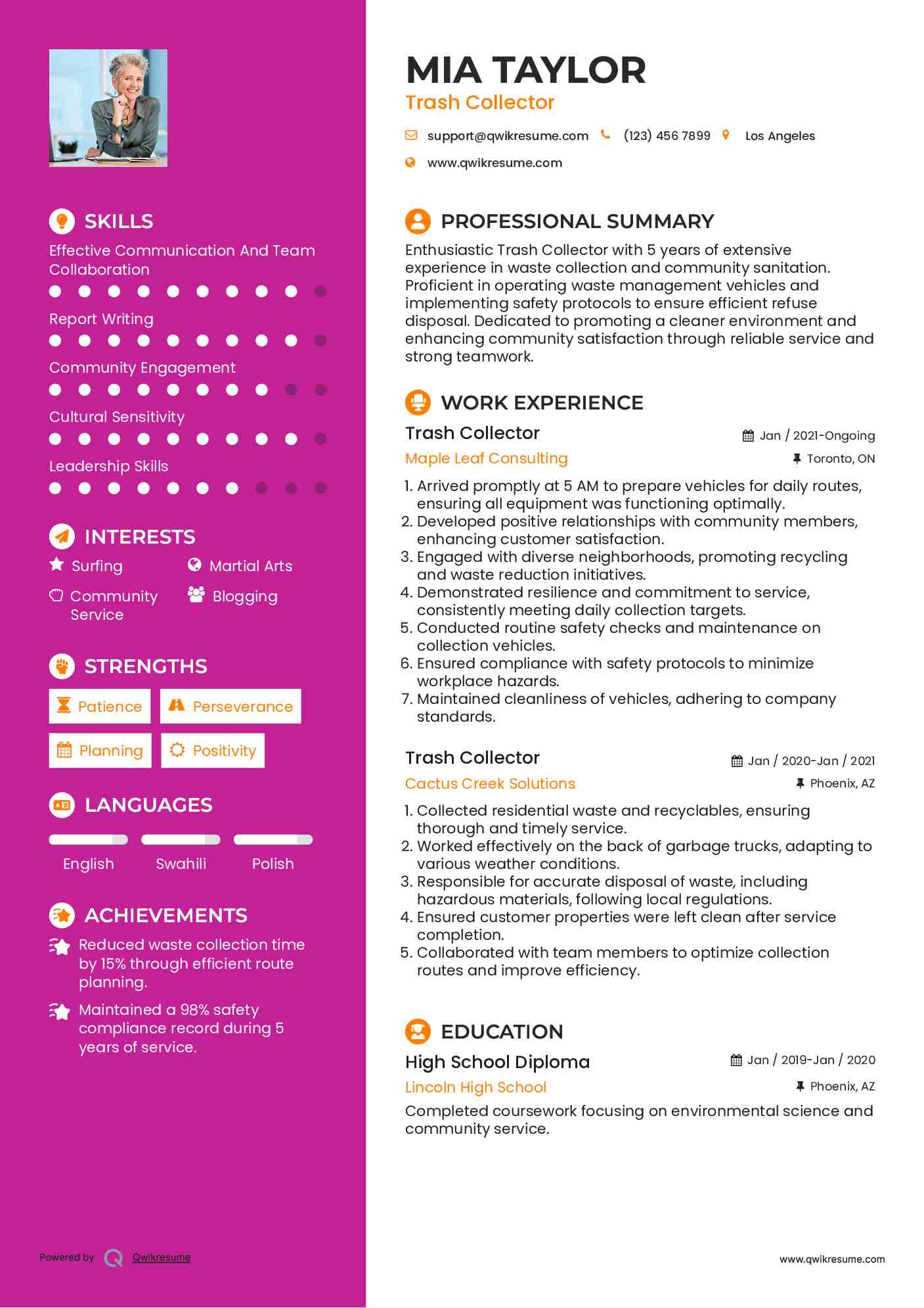 Trash Collector Resume Example