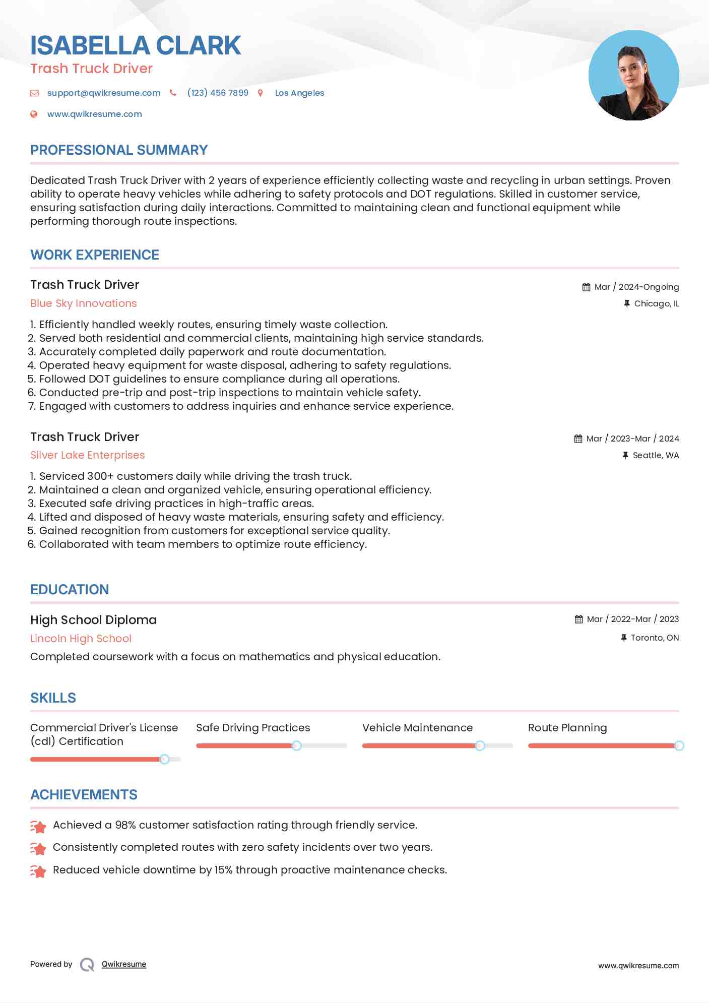 Trash Truck Driver Resume Sample