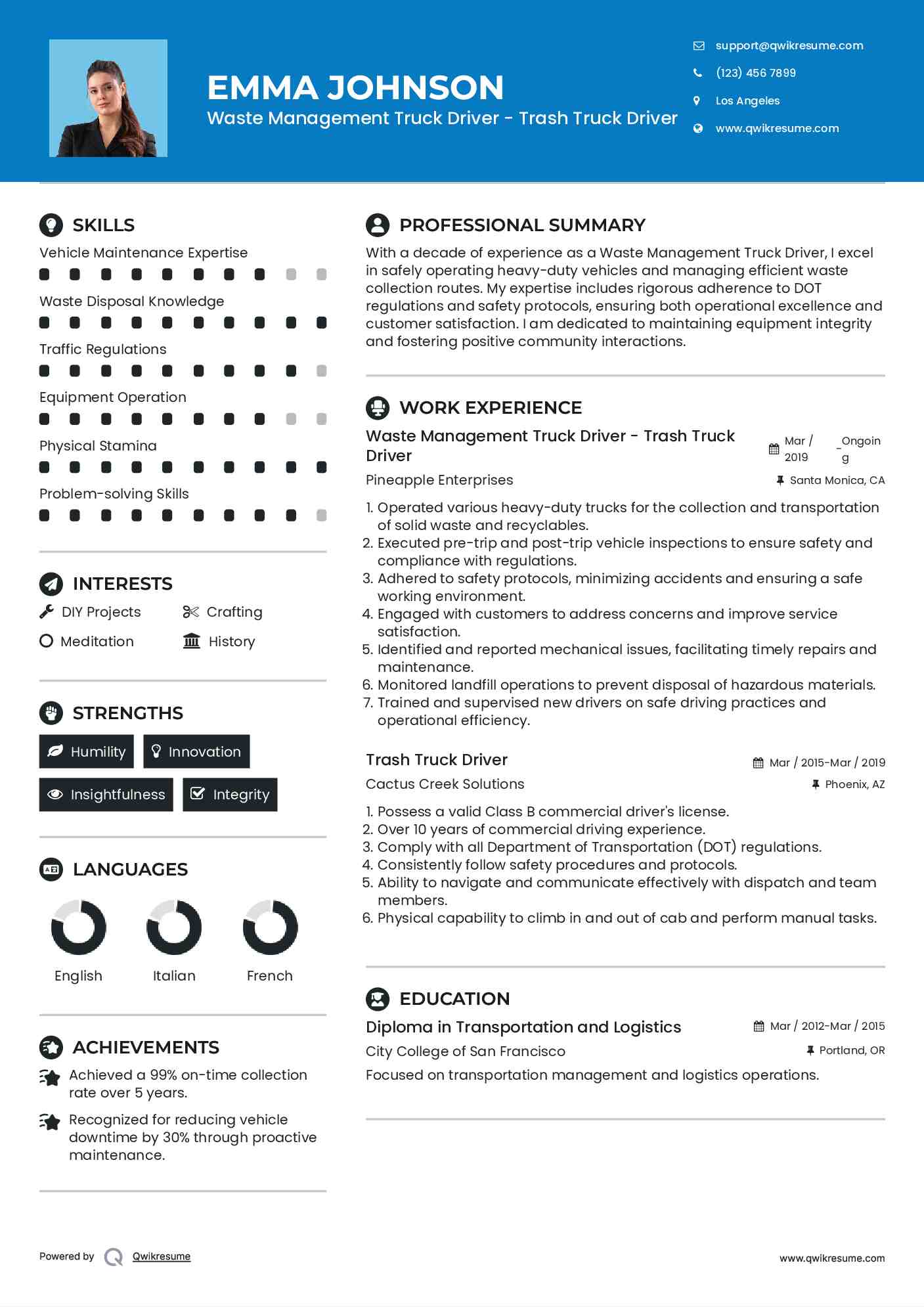 Waste Management Truck Driver - Trash Truck Driver Resume Example